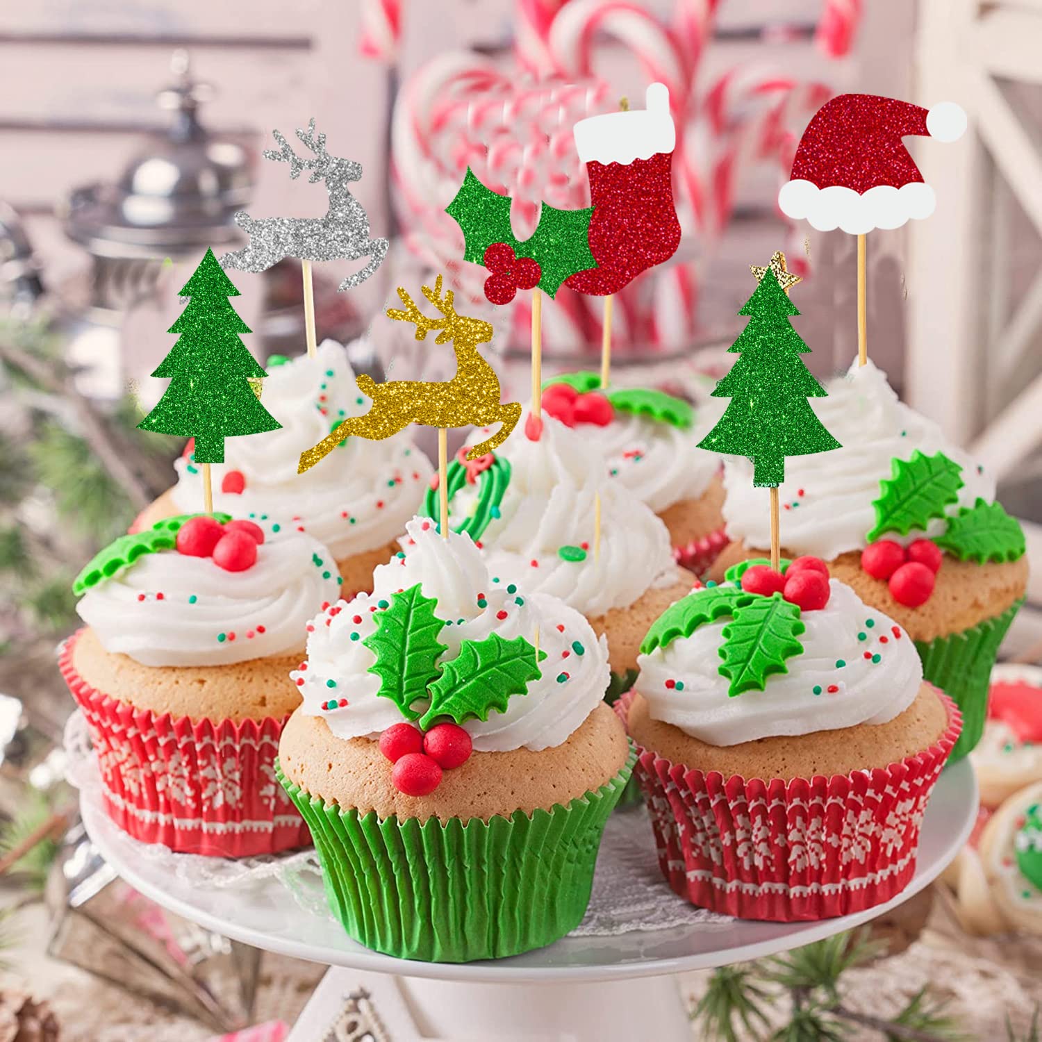 60Pcs Single Side Christmas Cupcake Toppers Glitter Cake Decorations Toothpick Flags Santa Claus Tree Fruit Hats Socks Christmas Fawn Theme Party Cake Toppers Picks for Xmas Cake Decoration Supplies