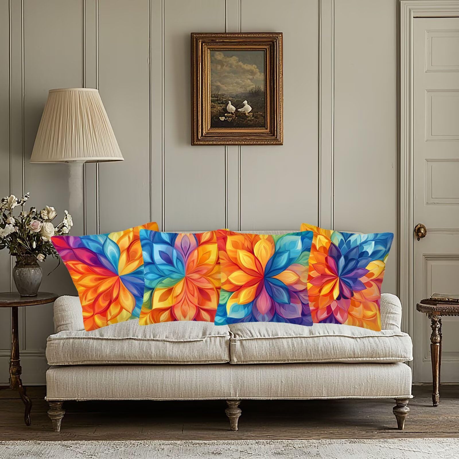 Kolorowa poszewka na poduszkę, 55 x 55 cm, zestaw 4 sztuk, super miękka, nadaje się do prania, kwiatowa, kwadratowa, z ukrytym zamkiem błyskawicznym, na sofę, do sypialni, jako prezent dla kobiet i