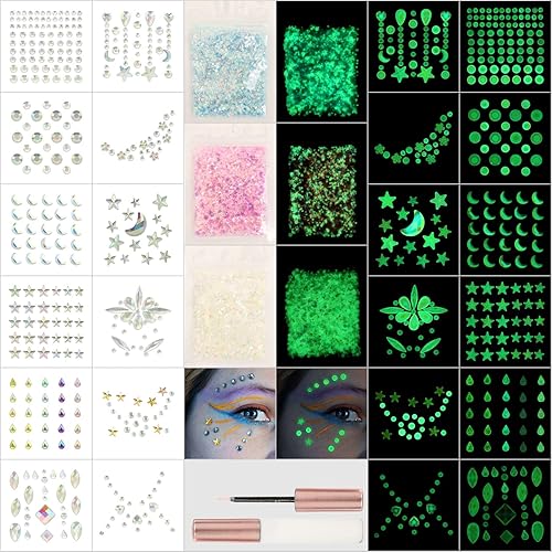 Gemas nocturnas para la cara, 12 piezas de calcomanías luminosas de diamantes de imitación y 0.55 onzas de purpurina gruesa que brillan en la