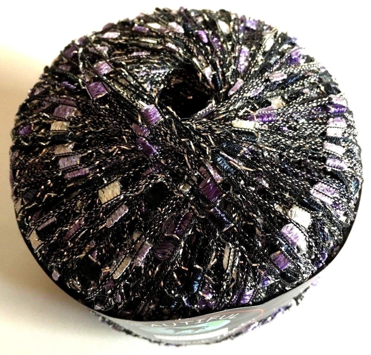 Grape Glitz Ladder Ribbon Yarn Dark Horse Beautiful #B110 Purples, Slate Blue, White, Silver Metallic Ladder