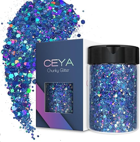 Ceya Purpurina gruesa holográfica, 4.9 onzas4.94 oz de purpurina azul para manualidades, mezcla de copos gruesos y finos, lentejuelas iridiscentes