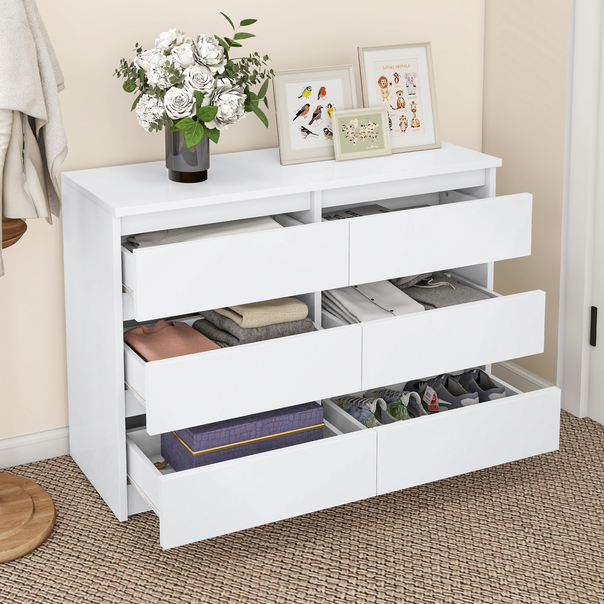 YITAHOME Cómoda de madera, cómoda para dormitorio, 6 cajones con guías, muebles de dormitorio, almacenamiento para dormitorio, armario de dormitorio moderno, mesita de noche, 100 x 30 x 70 cm (blanco)