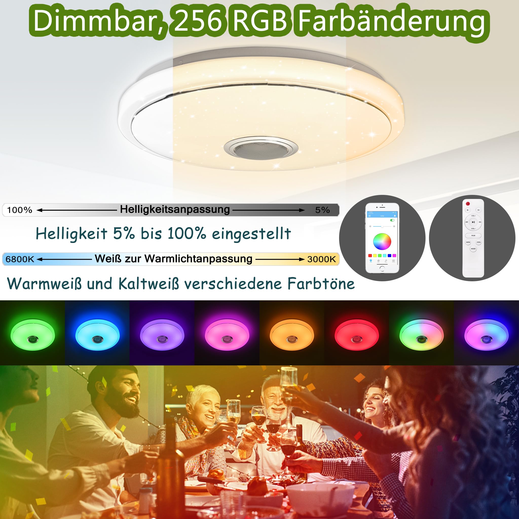 YRHome Lampada da soffitto a LED da 48 W, dimmerabile, con altoparlante Bluetooth, lampada da soffitto a cielo stellato, cambia colore RGB con telecomando o controllo app, riproduzione musicale per