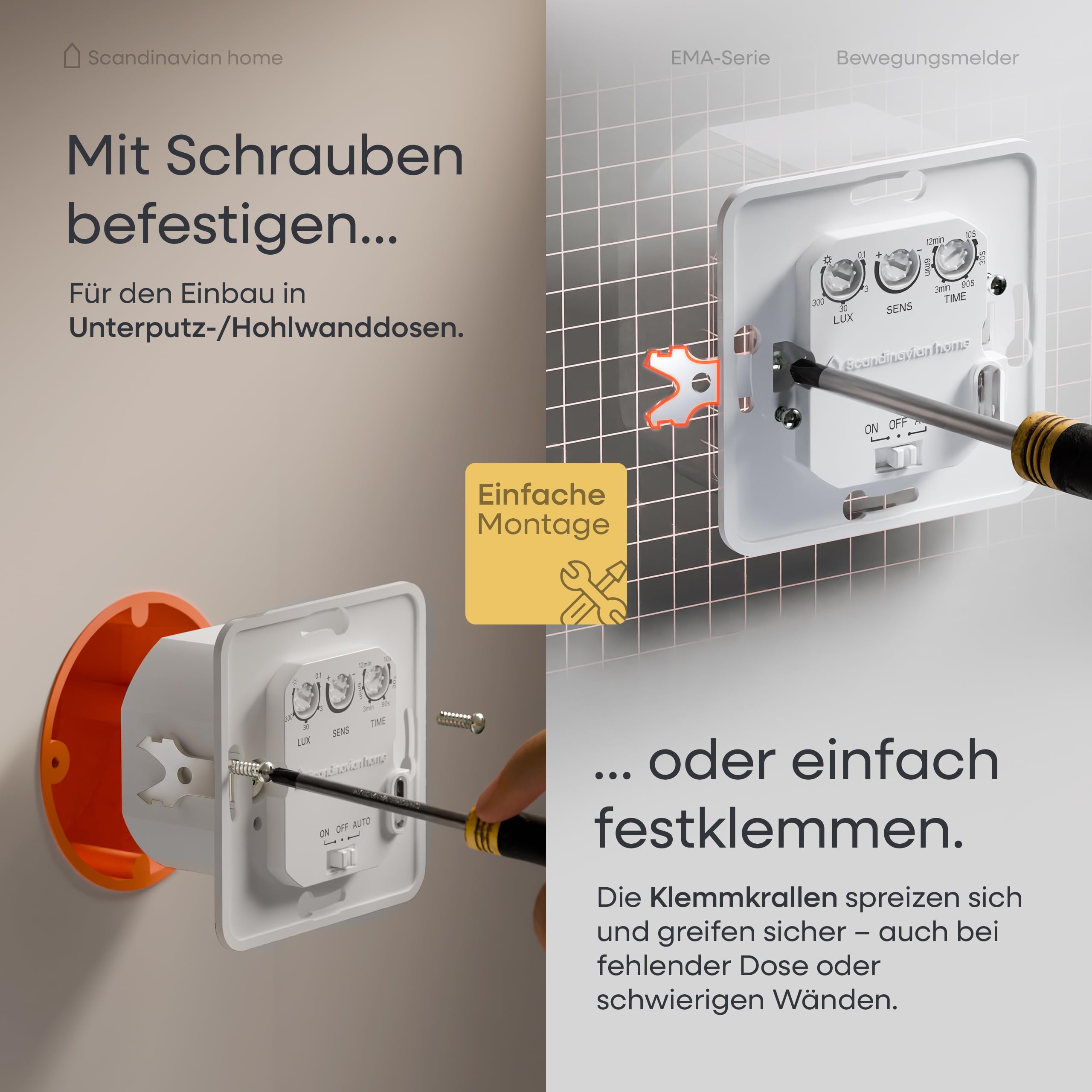 Scandinavian home czujnik ruchu do wnętrz – czujnik ruchu HF włącznik światła standardowy wymiar 55-180°, wykrywanie 15 m, z techniką 3-przewodową / neutralnym przewodem do LED, montaż podtynkowy
