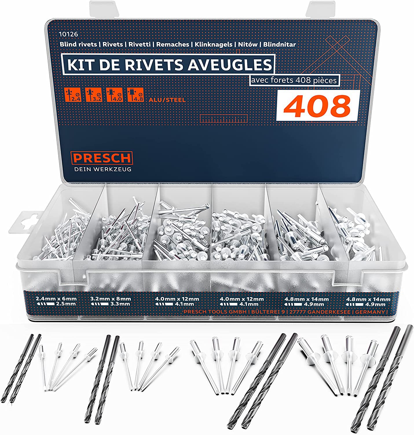 Presch Kit de rivets aveugles 408 pièces avec forets HSS - Lot de 400 rivets alu/acier 2,4mm, 3,2mm, 4,0mm et 4,8mm et 8 forets HSS correspondants 2,5mm, 3,3mm, 4,1mm et 4,9mm
