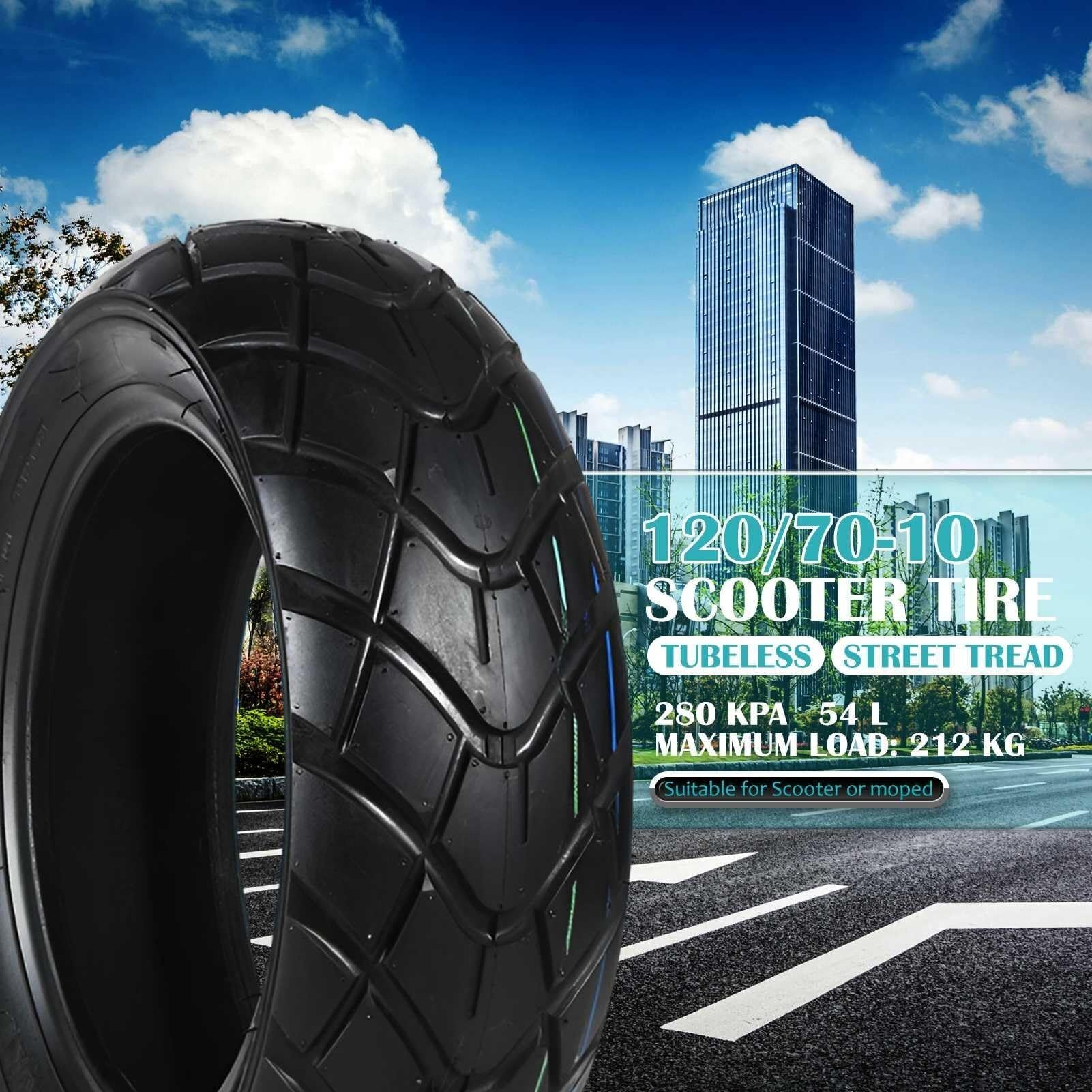 2PC 120/70-10 Opona Motocyklowa 120/70/10 z Niską Opór Toczenia dla Felg 10 Cali z 120 70 10 Tubeless TL 54L 280kPa Wysoka Przyczepność Miejska