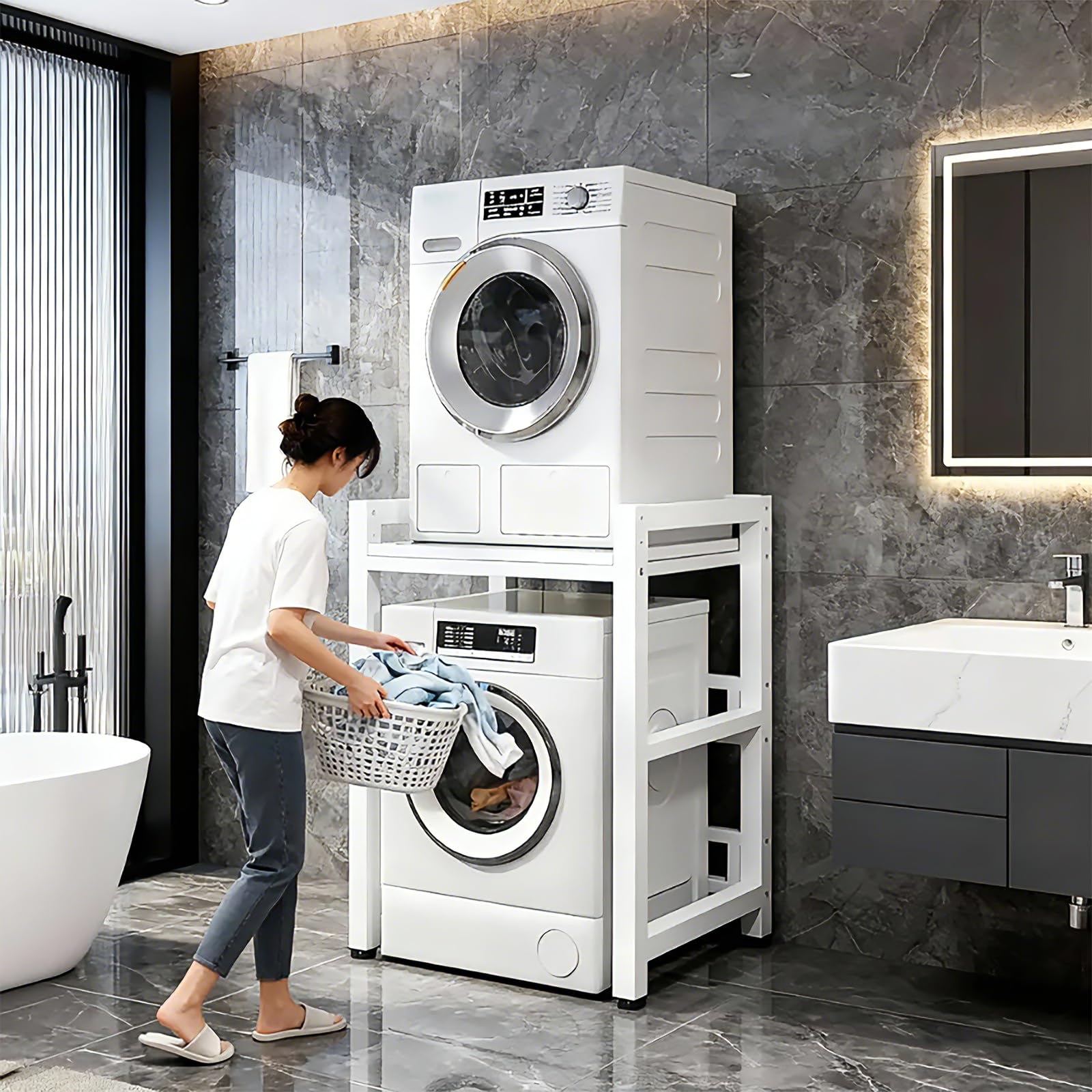 Supporto Asciugatrice Sopra Lavatrice Capacità di Carico 800KG, 3 Regolabile in Altezza Colonne per Lavatrici e Asciugatrici per Bagno/Balcone/Cucina (b-b, 75x65x105cm)