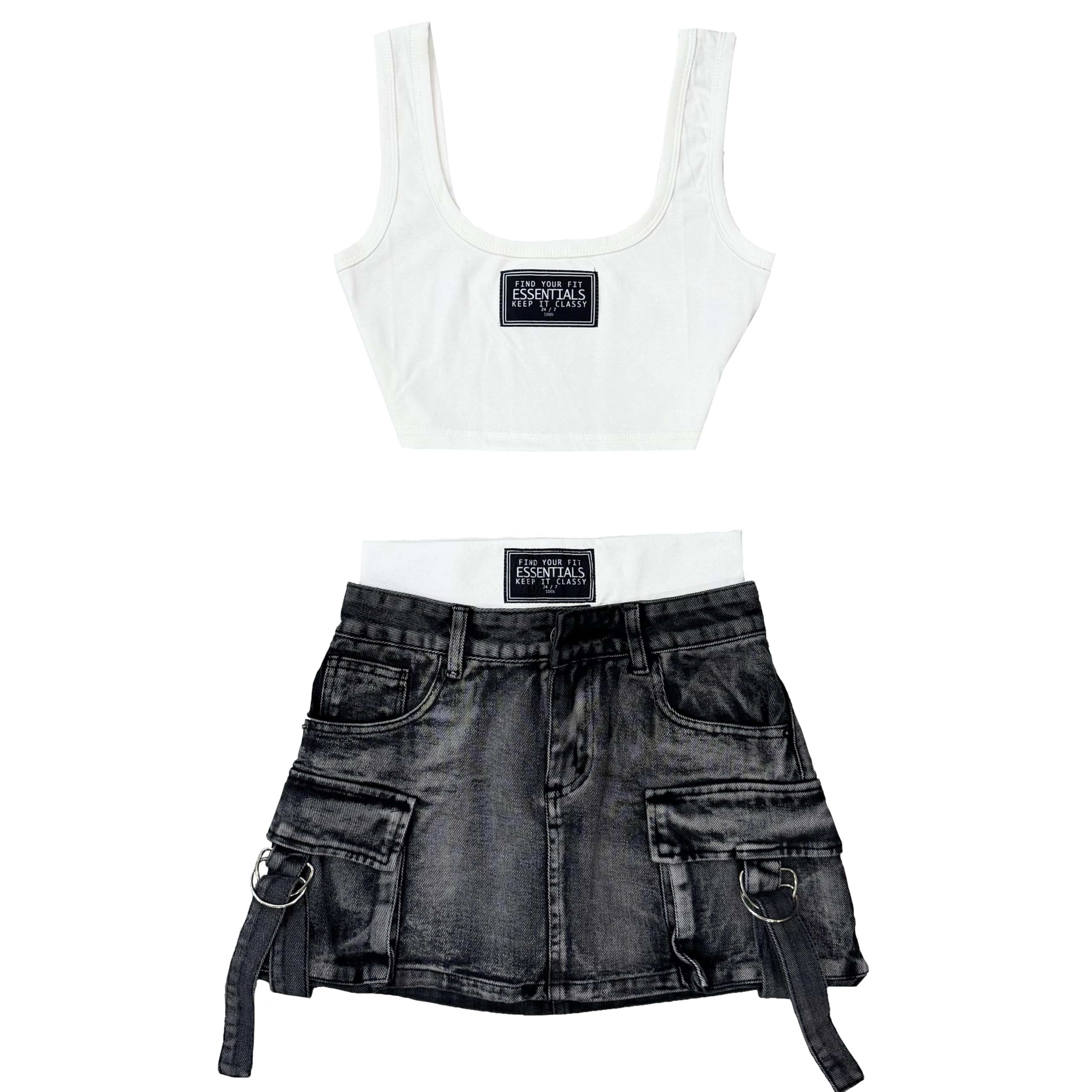 Women's Two-Piece Outfit Set, White Crop Tank Top with Black Cargo Denim Mini Skirt, Casual Summer Street Style