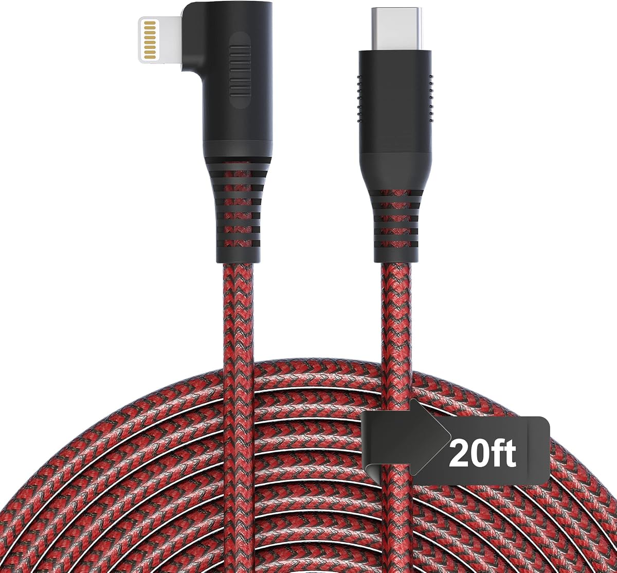 Long USB-C Lightning Cable 20ft MFi Right Angle Lightning Cable 2.4A Fast - Heavy Duty iPhone Charger Cord for Pad/Air Pods/iPhone14 13 12 11