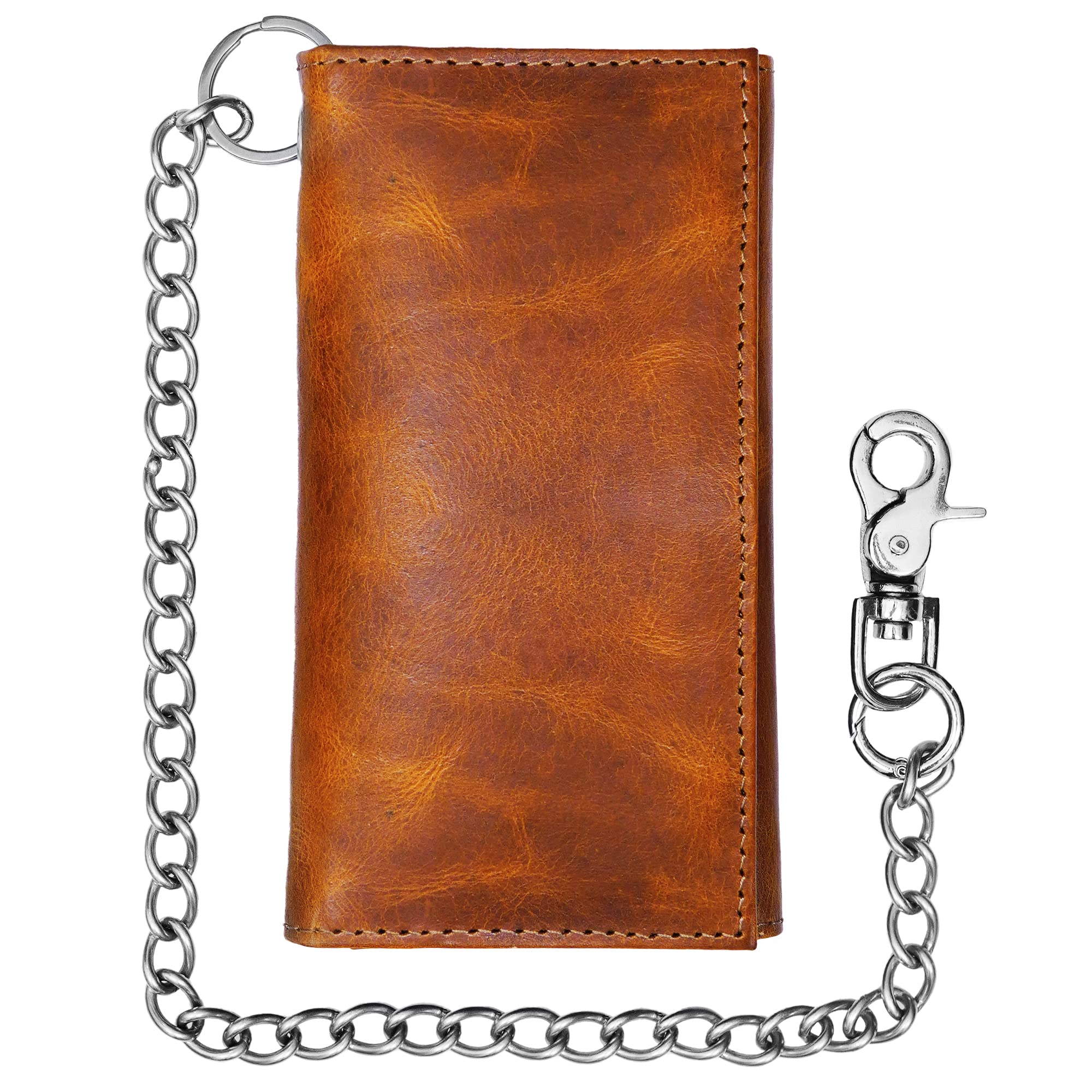 RAW HYDLeather Long Wallet for Men | Bifold Checkbook Cover & Great Gift for Men, Brown Chain Wallet, 3.6" x 6.7", Trifold Wallet