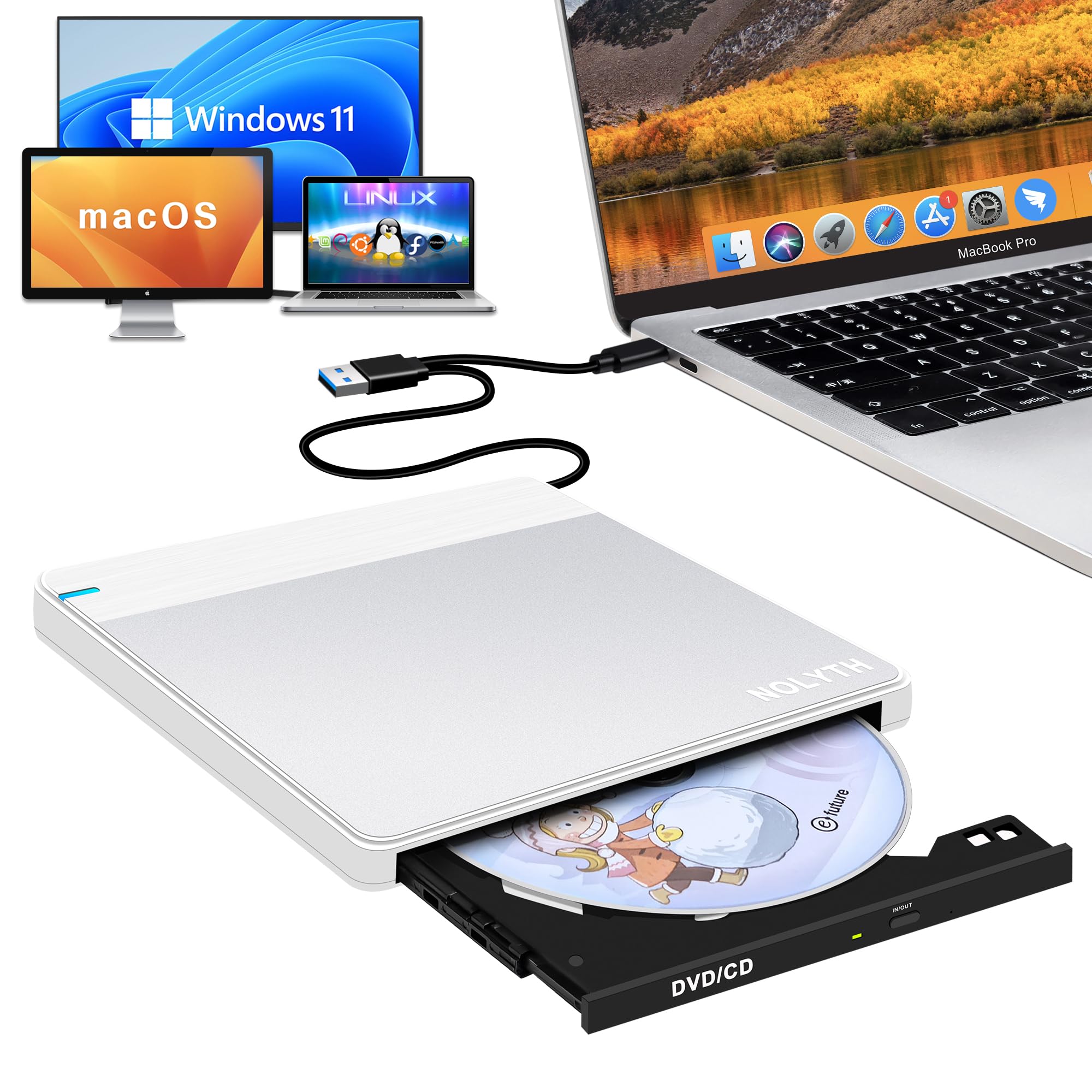 NOLYTH External CD/DVD Drive for Laptop: USB 3.0 Type-C CD Burner