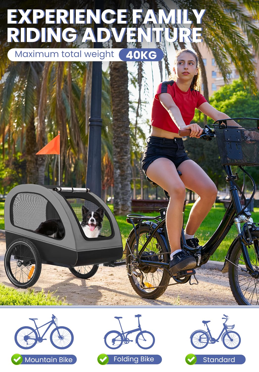 Sepnine Pets L Hundeanhänger für Fahrrad,Fahrradanhänger Hunde,Mit Reflektor und Bremse,600D Oxford Canvas Geschützt vor Regen,Maximale Belastung 40kg