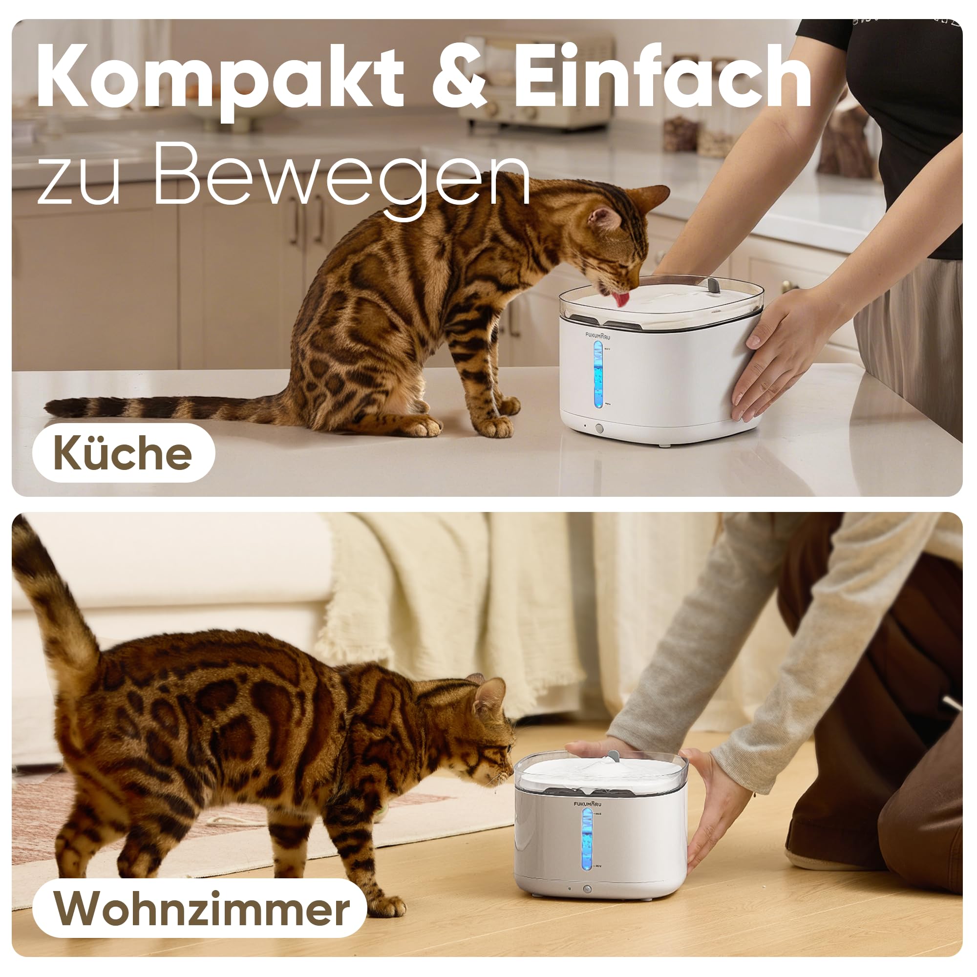 FUKUMARU 2L Trinkbrunnen für Katze Kabellos, Katzenbrunnen Kabellos mit Bewegungsmelder, Batteriebetrieben Katzentrinkbrunnen, 5000mAh, Leise Wasserpumpe, Wasser-Energie-Trennung, weiß