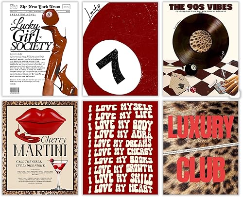 PAINURA Juego de 6 cuadros de pared de leopardo de moda de leopardo rojo, decoración de pared retro de la suerte, pósteres de periódico Y2K,