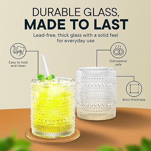 Miniatura 4 de 12 OZ - Juego de 12 vasos de vidrio con nudos estilo rústico – Cristalería vintage con relieve, vasos texturizados para agua, cerveza, cócteles,