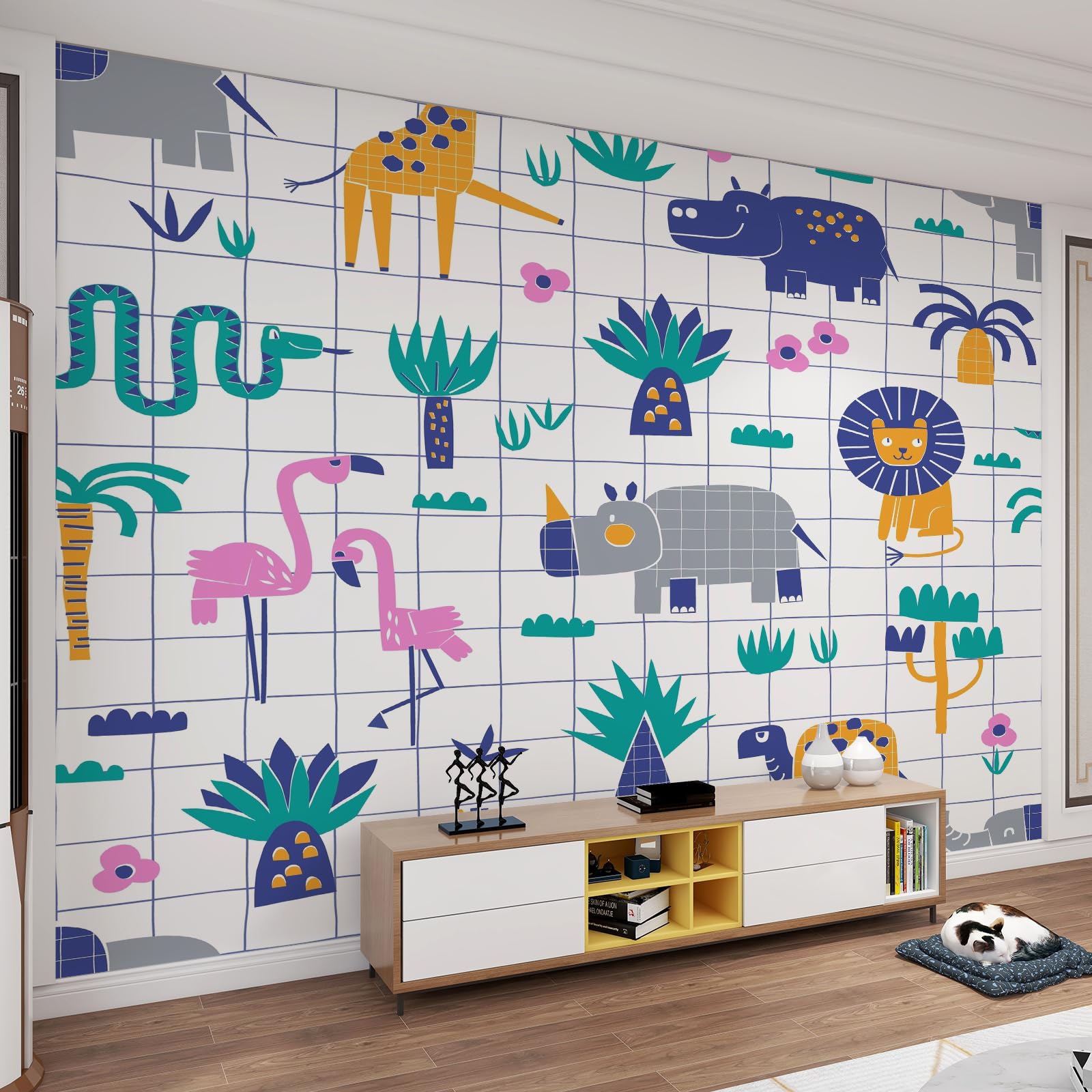 Papier peint animaux forêt lignes géométriques | Déco murale couleur vive 200x140 cm