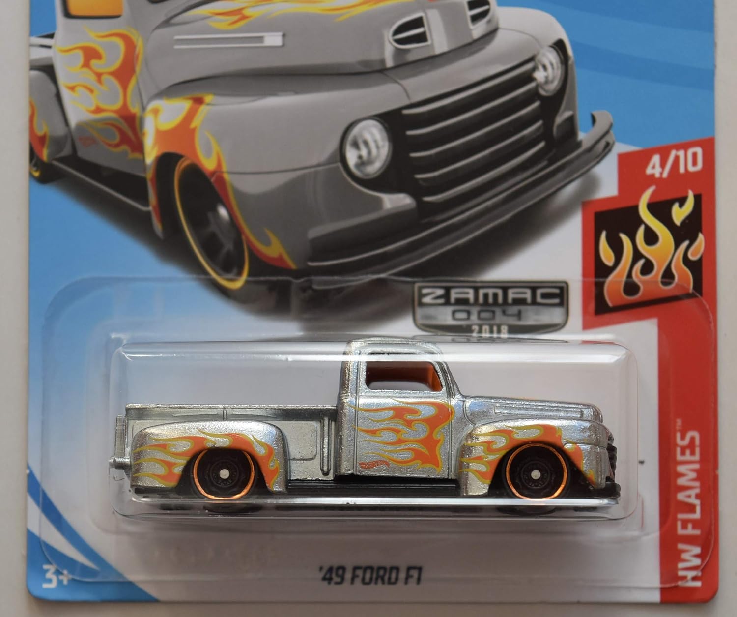 Hot Wheels '49 Ford F1 ZAMAC die-cast car in its original blister packaging, showing a side view of the car.