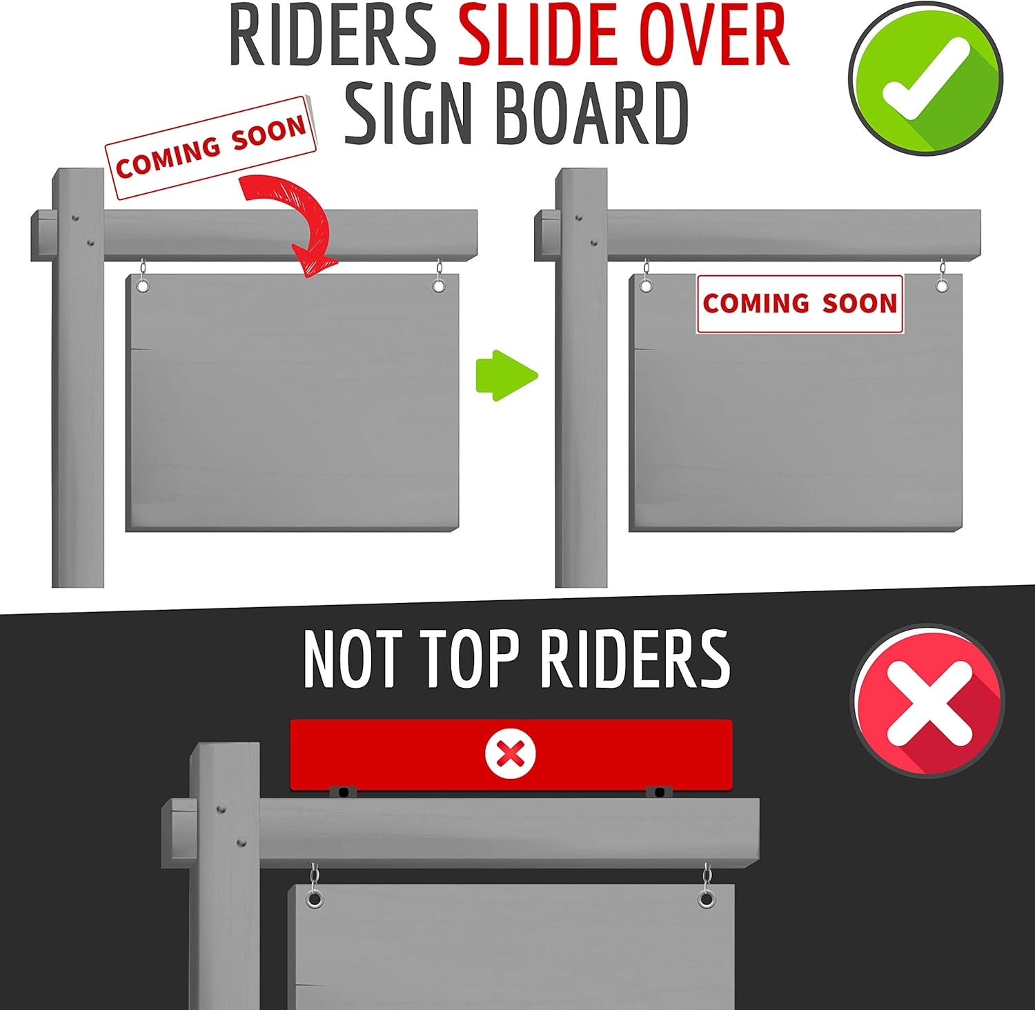 6 Pack Real Estate Sign Riders Sleeves, 17" x 5" Double Sided PVC Plastic Signs - For Sale, Open House, Coming Soon, New Listing, Sales Pending - Real Estate Agent Supplies