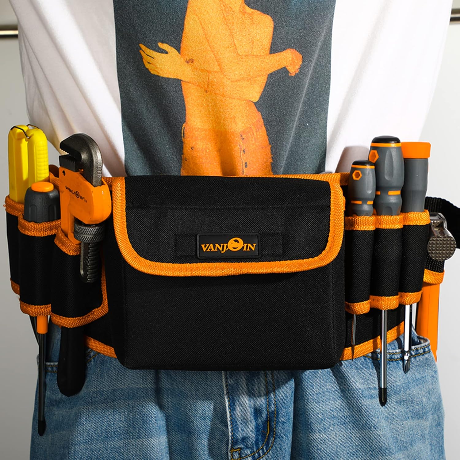 Tool Pouch Bag, Electrician Tool Pouch with 8 Pockets Adjustable Belt, Heavy Duty Tool Pouches Small Organizer Bag, Tool Pouch Belt for Electrician Skilled Workmen Carpenter (Black-one-piece)