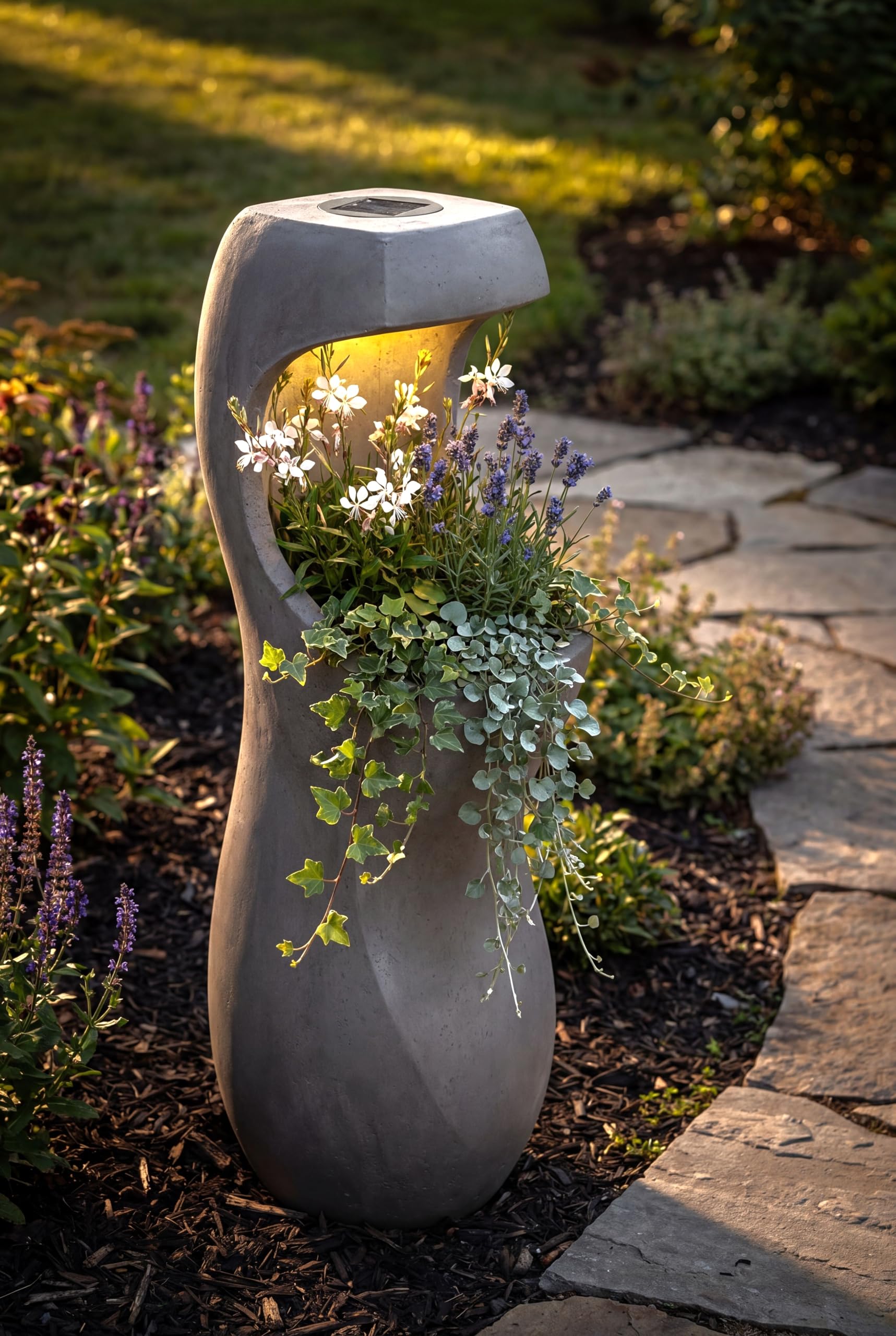 Vaso di design con illuminazione a LED solare Win 33 – 71 cm, effetto cemento, grande vaso per giardino e terrazza, resistente alle intemperie, illuminato