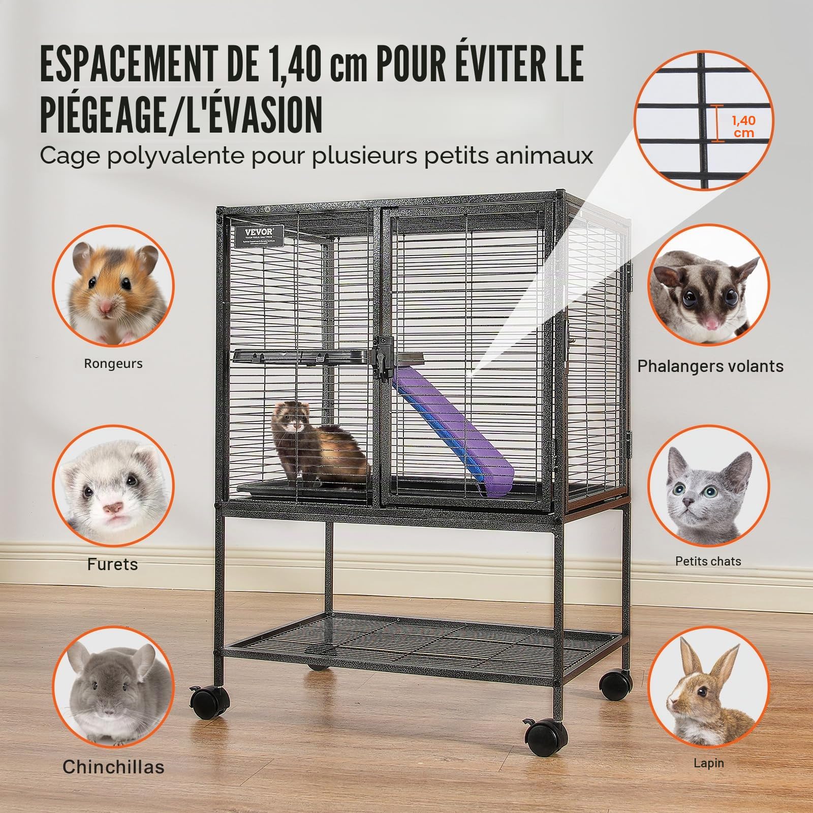 VEVOR Cage à Furet en métal roulante 865 mm, Grande Cage pour Petits Animaux à 2 Niveaux avec Rampe et Plateau, pour Rats de Compagnie, Hamster, Cochon d'Inde, Chinchilla, écureuil, hérisson, Lapin