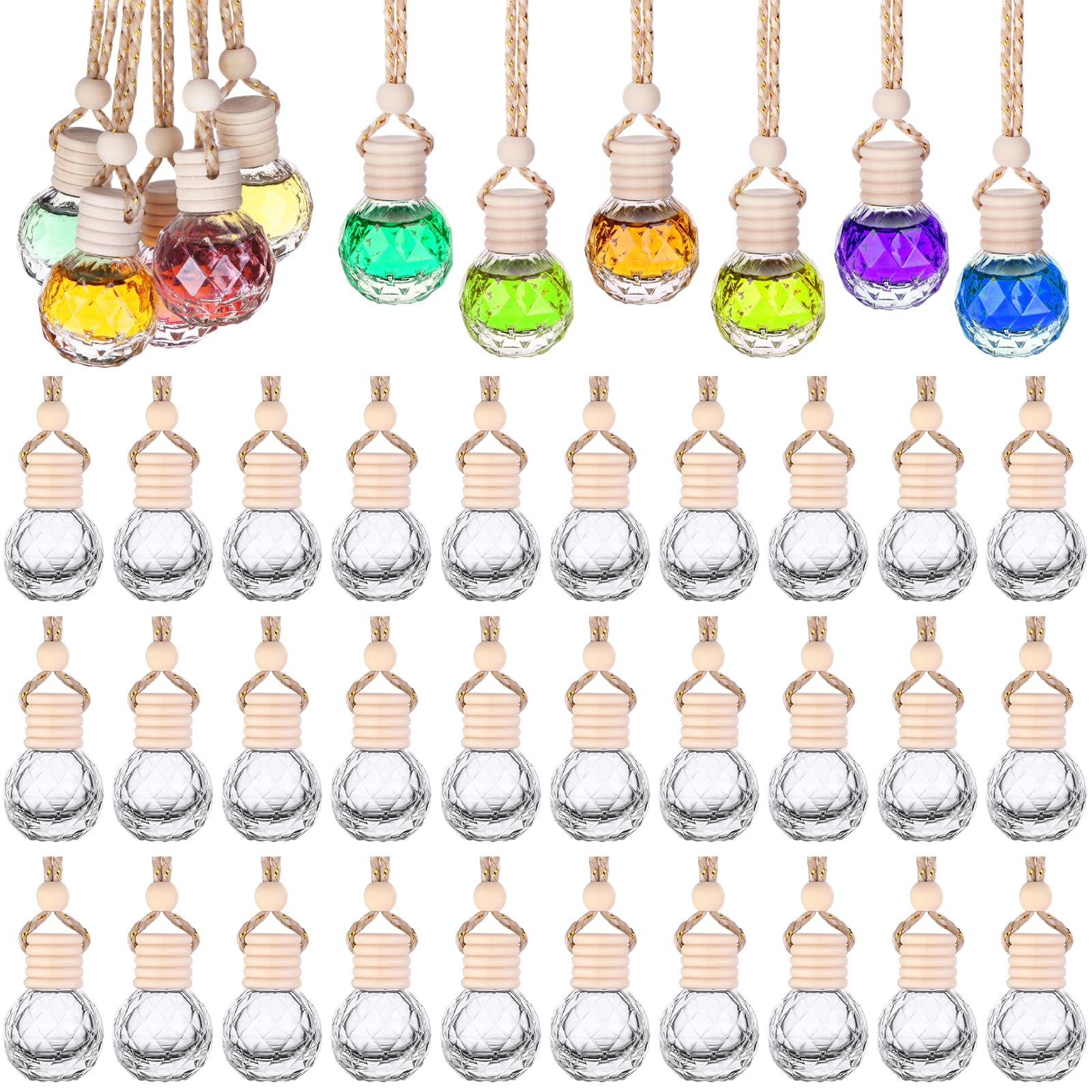 60 Stück Auto-Lufterfrischer zum Aufhängen, leere Glas-Parfüm-Flaschen, Lufterfrischer, Diffusor-Flasche, Anhänger für ätherische Öle, Duft, Aromatherapie, Ornament, Dekoration (runder Diamant)