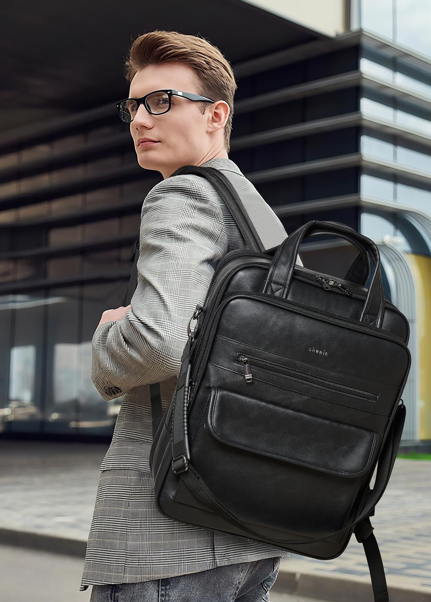 Shrrie Zaino per computer portatile per donne e uomini, computer in pelle vegano da 15,6 pollici Zaino professionale resistente all'acqua il lavoro Business College Travel Office,