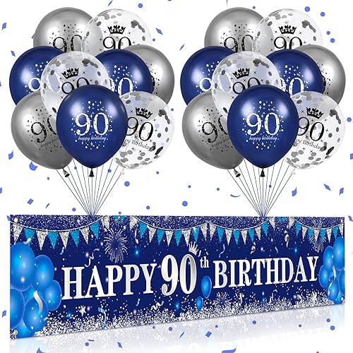 Decoraciones azules de cumpleaños 90 para hombres y mujeres, azul marino y plateado con globos de feliz cumpleaños 90 para hombres y mujeres,