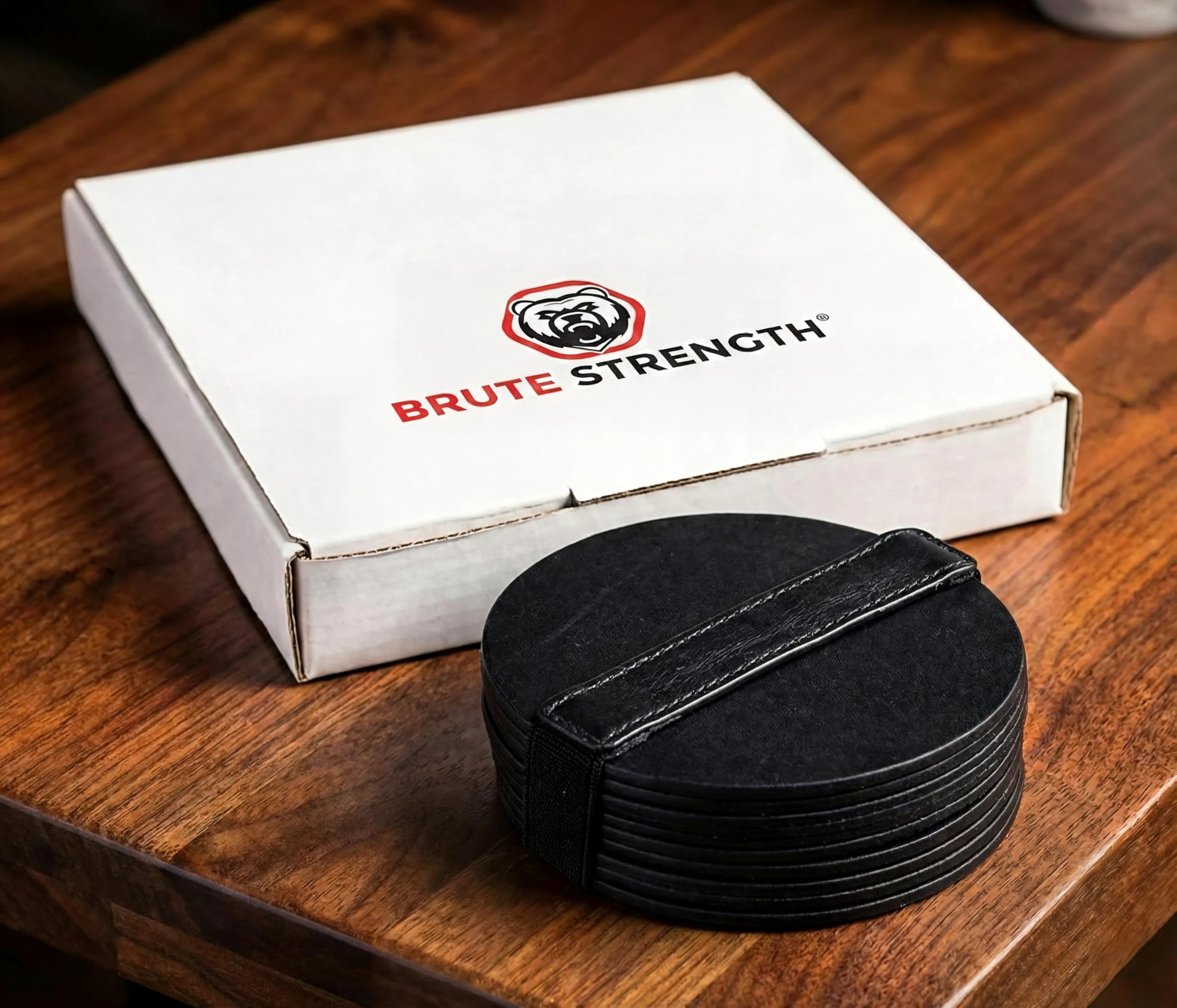 Brute Strength – Glasuntersetzer Leder – Rund – Schwarz – 14 Stück