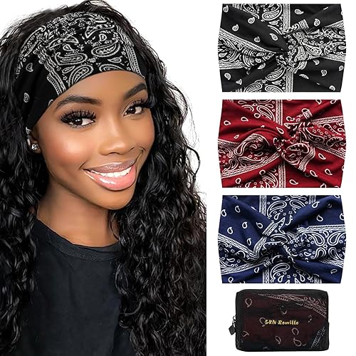 SN Remille Paquete de 3 diademas bohemias anchas para mujeres y niñas bandas elásticas de turbante para el cabello antideslizantes para deportes SN Remille Paquete de 3 diademas bohemias anchas para mujeres y niñas bandas elásticas de turbante para el cabello antideslizantes para deportes