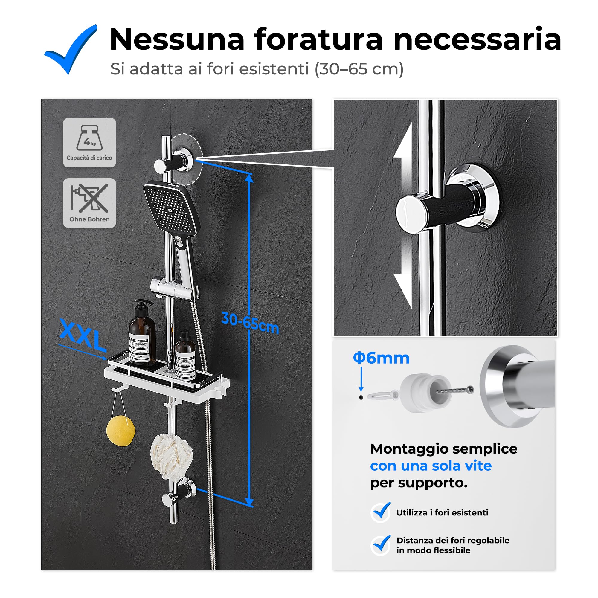 JOHO Colonna Doccia Senza Miscelatore, Asta Doccia Acciaio Inox 70 cm con Supporto Soffione Regolabile, Saliscendi Doccia Adattarsi ai Fori Esistenti con Doccetta 3 Geti e Mensola, Cromo