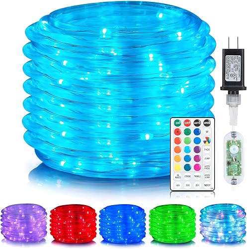 ANJAYLIA - Tira de luces de 200 LED para exteriores de 66 pies con 16 colores cambiantes, impermeables, enchufables con control remoto, guirnalda de