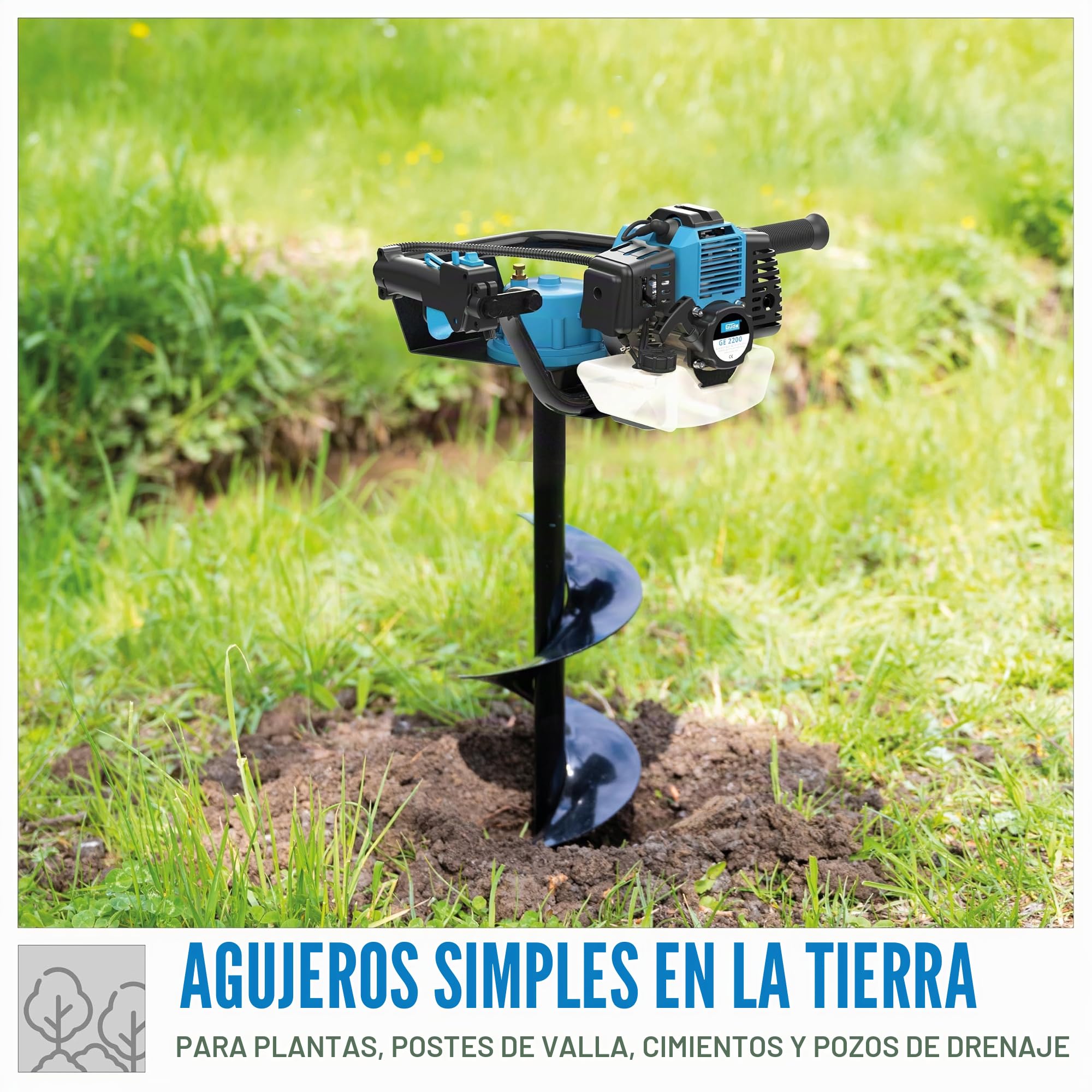 Güde Taladro de tierra de motor GE 2200 (motor de gasolina de 2 tiempos 2,2/3 (kW/PS), 52 cm³, 7500 1/min, diámetro de la broca: 100/150/200 mm, controles en el mango, bomba de cebado, función fiable