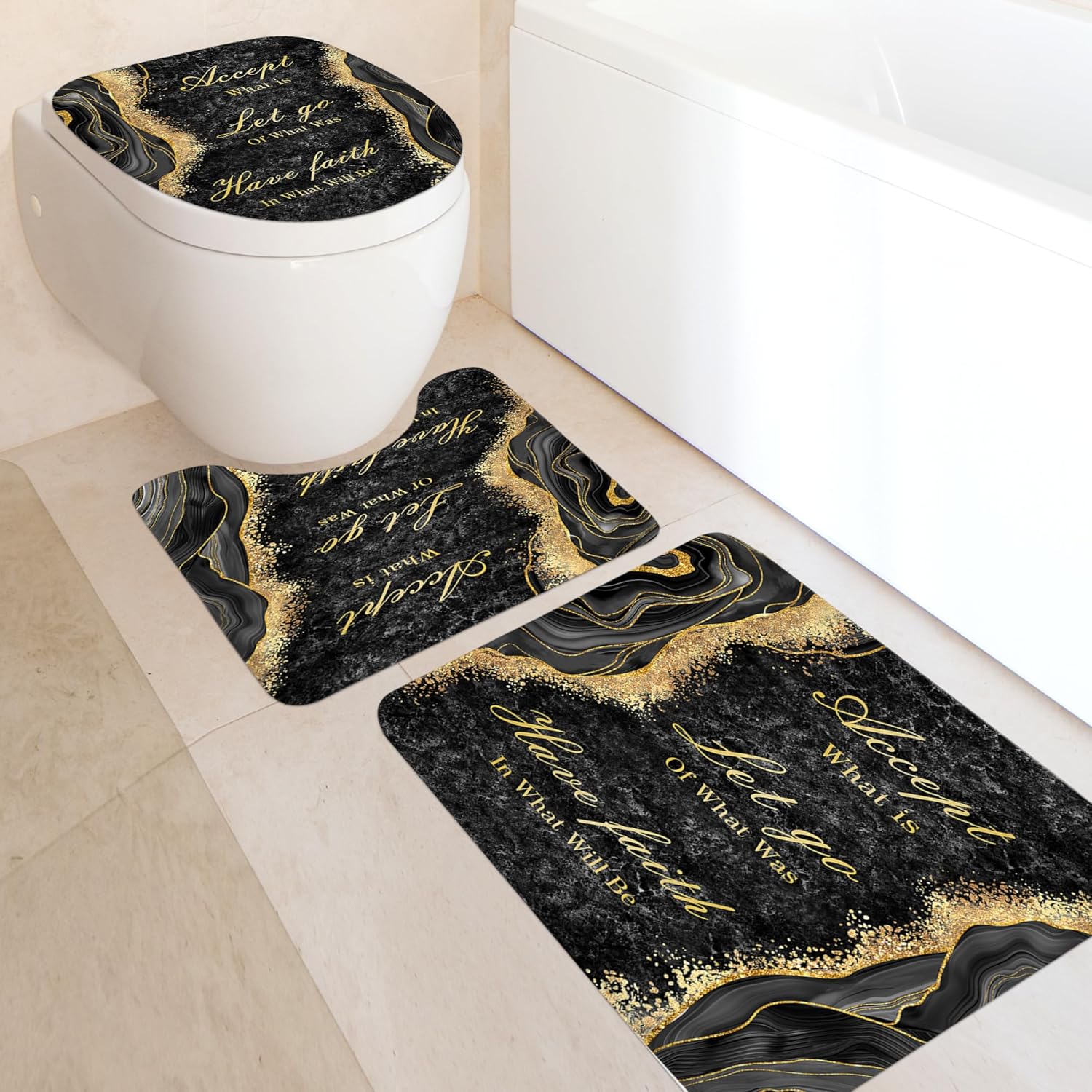 Omifly Black Gold Marble Shower Curtain Sets 4Pcs Men Inspirational Quotes Abstract Modern Luxury Waterproof Bathroom Decor Set with 12 Hooks, Rugs and Accessories with Bath Mat and Toilet Lid Cover