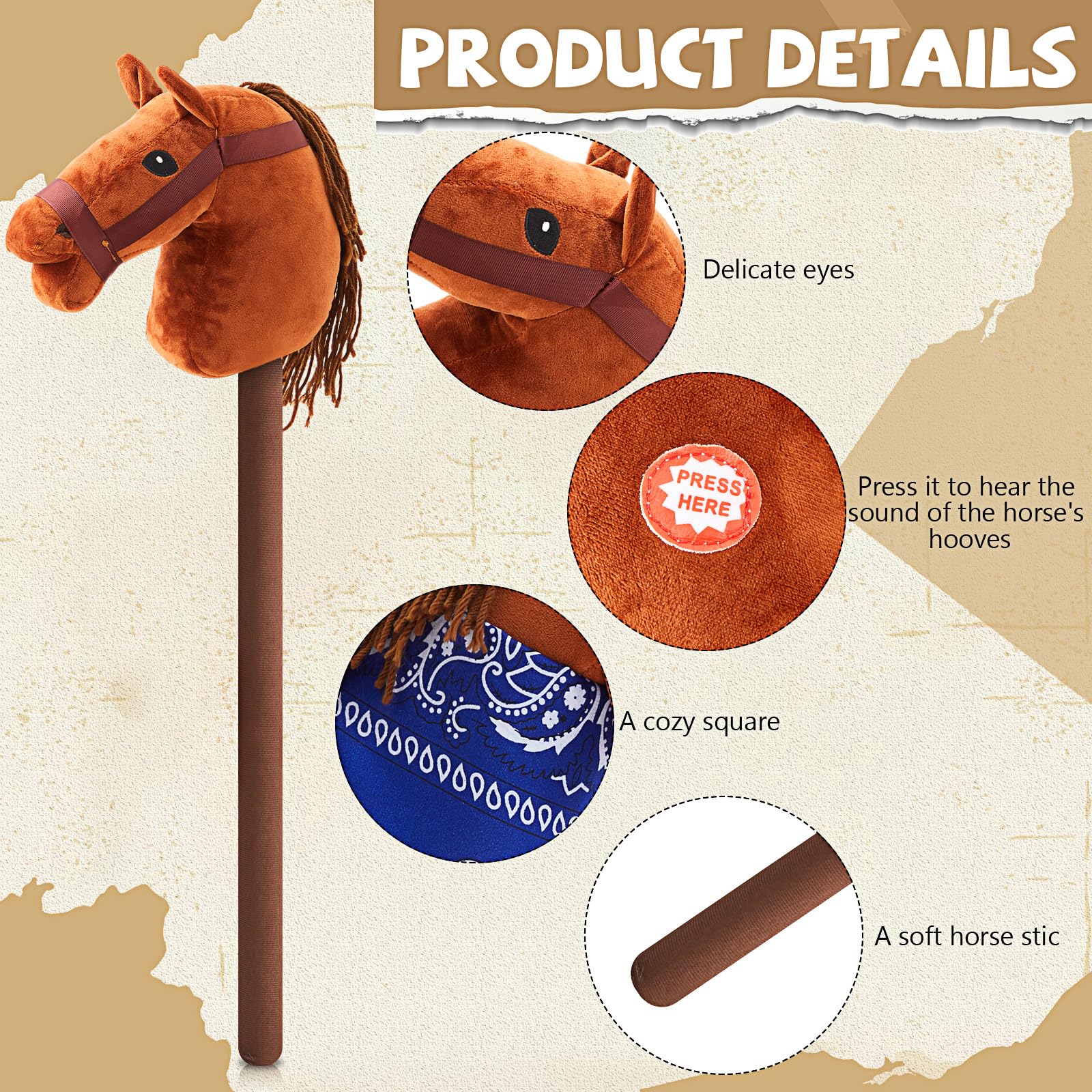 Juego de 8 unidades de palo de caballo marrón claro con sonido rojo y azul Bandana Set de juguetes Stick Horse Western Cowboy Bandana Cabeza de caballo palo con sonido vecino para niños y niñas 3