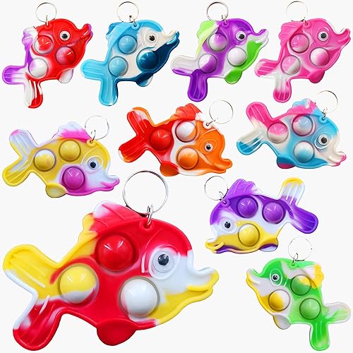 Paquete de 10 llaveros a granel con burbujas para ansiedad de peces, suministros de fiesta de cumpleaños, regalos de verano para estudiantes