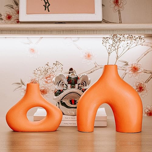 Miniatura 3 de Juego de 2 jarrones de cerámica para decoración del hogar, jarrón decorativo con agujero en el centro para hierba de las pampas, jarrón hueco