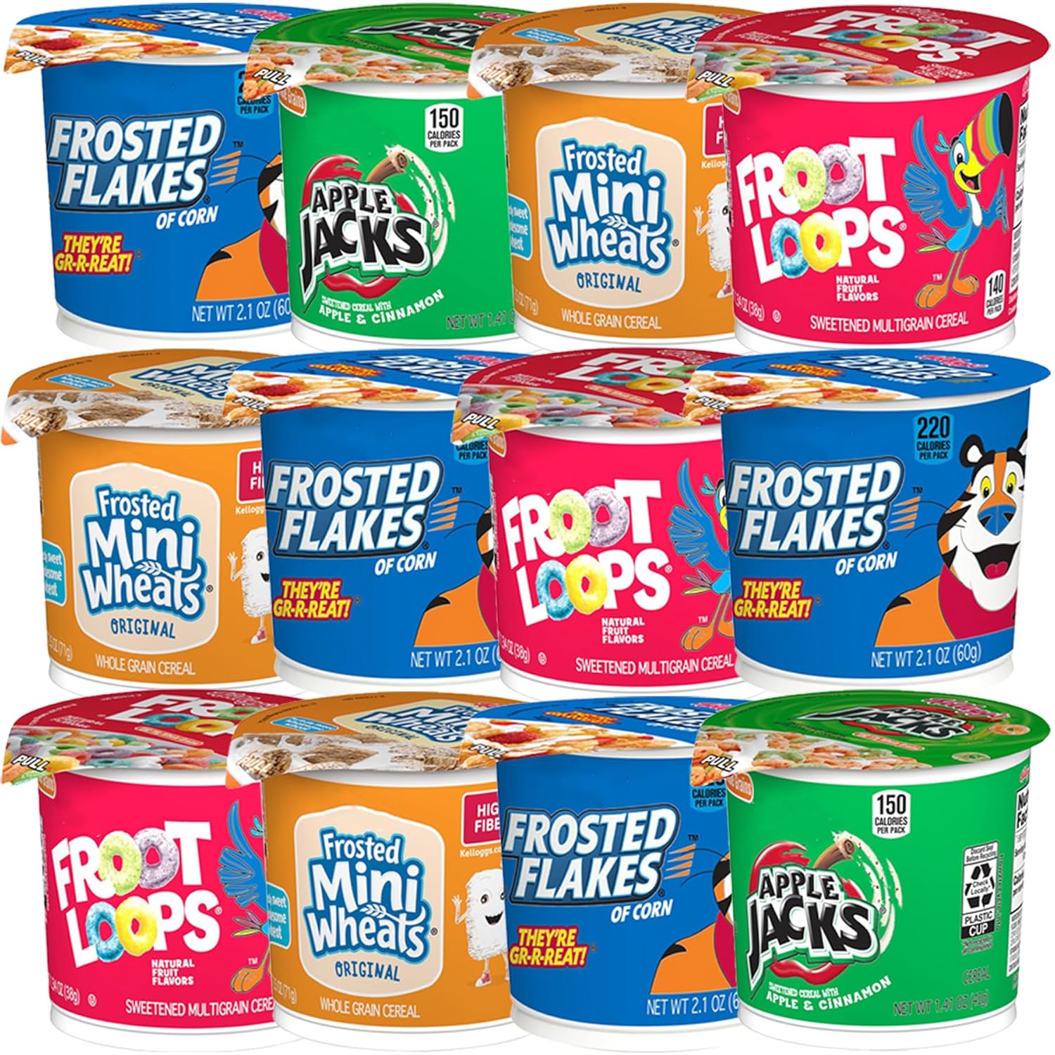 Cereal Cups Variety Pack - Single Serve Breakfast Cereal Assortment - Mini-Wheats, Frosted Flakes, Froot Loops, Apple Jacks - Care Package Gift Box (12 Count)