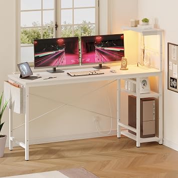 Bestier 155CM Corner Desk with Power Outlets Large Computer Desk with LED Lights Reversible Writing Table with Side Pocket Storage Bag & Accessories Hanger for Home Office