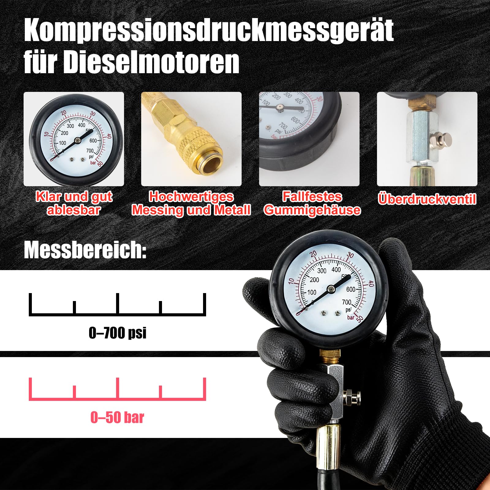 46 piezas profesional Compresión Comprobador de Compresión Compresión Comprobador de Compresión Motor Gasolina Diesel Comprobador de Compresión Cilindro con Dual Gauge Engine para coches, coches