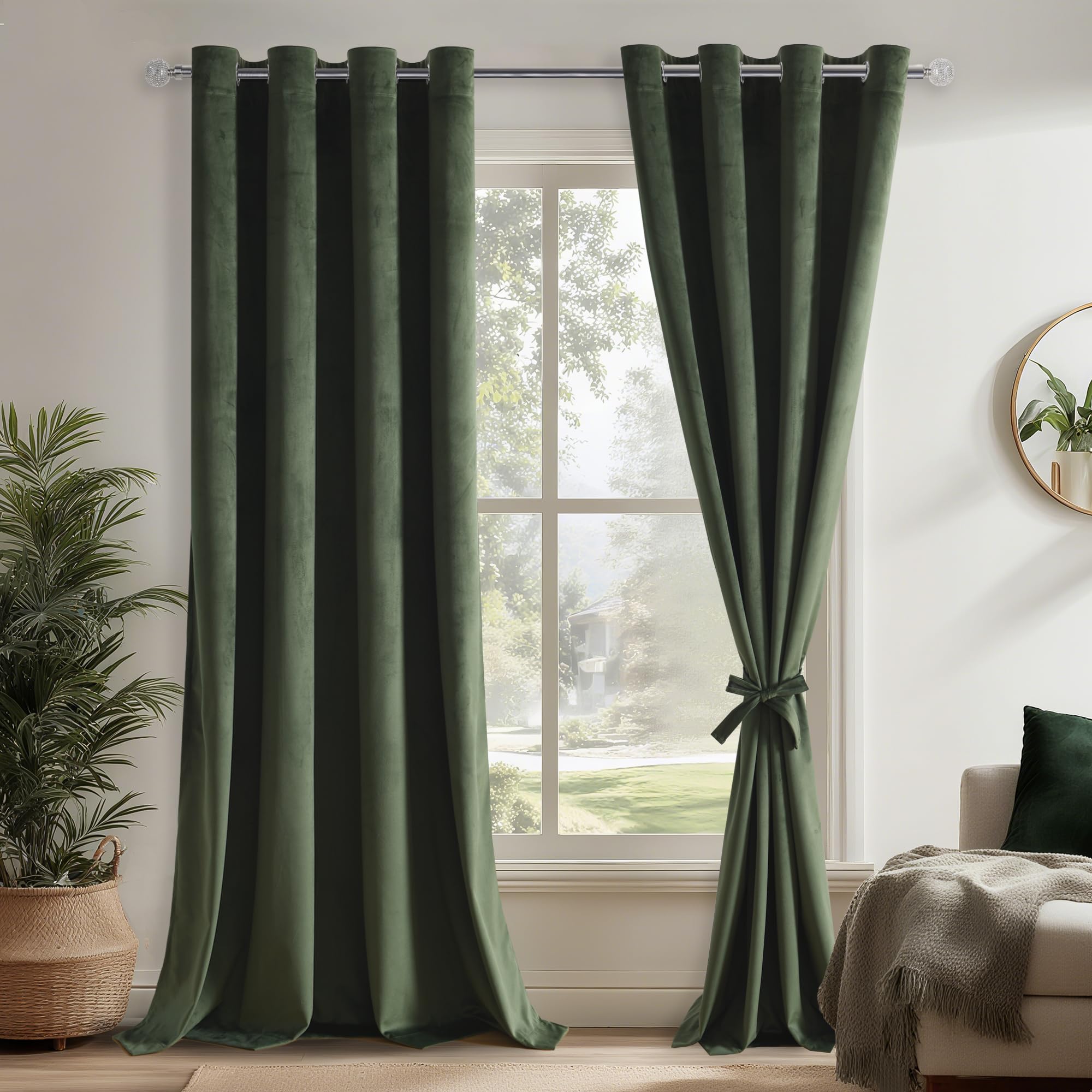 DWCN Olive Green Velvet Curtains with Ties Soft Semi-blackout Curtain 90In