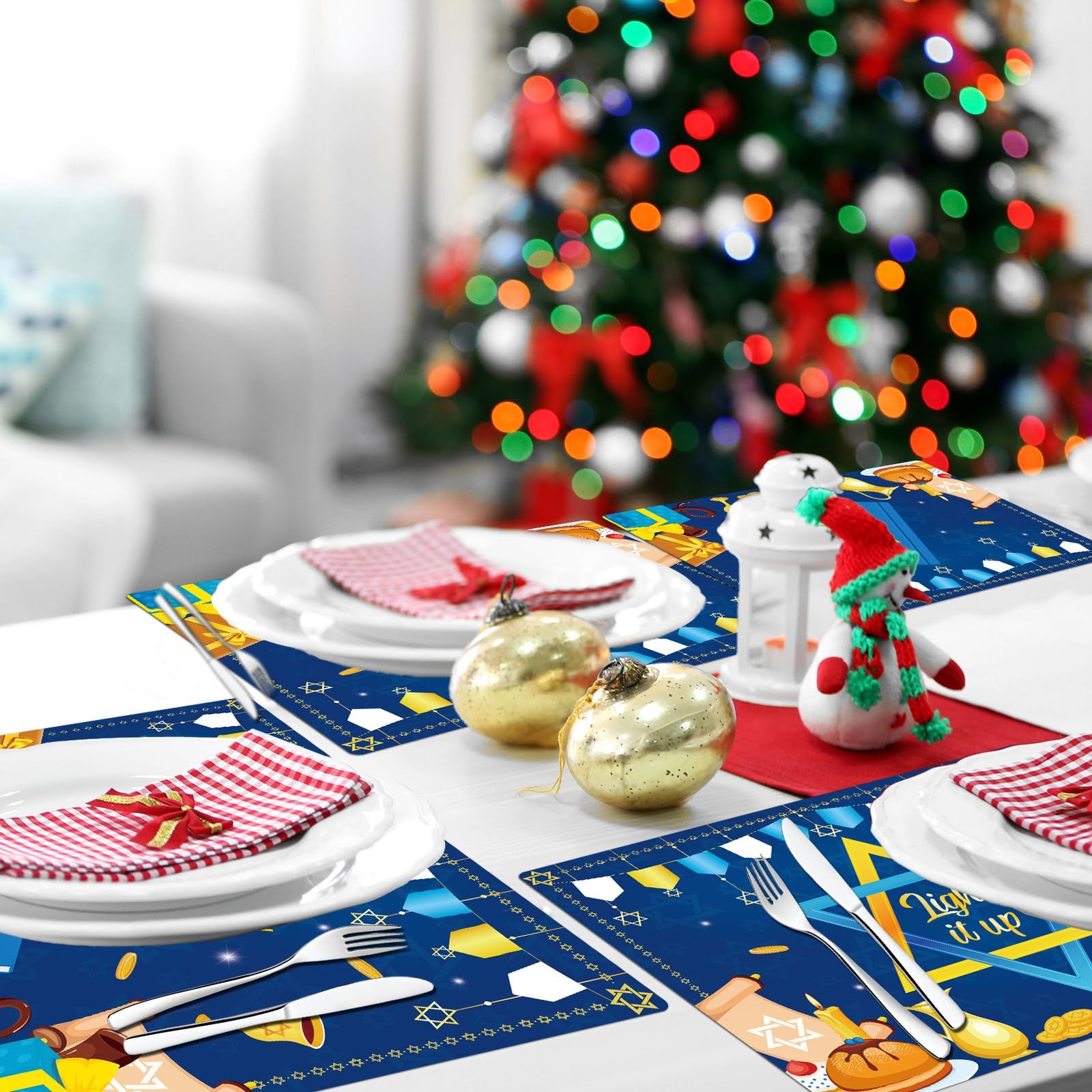 Hanukkah - Juego de 6 manteles individuales de plástico reciclables, lavables, decoración de mesa de vacaciones para interiores y exteriores, fiesta de Hanukkah, cocina, mesa de comedor