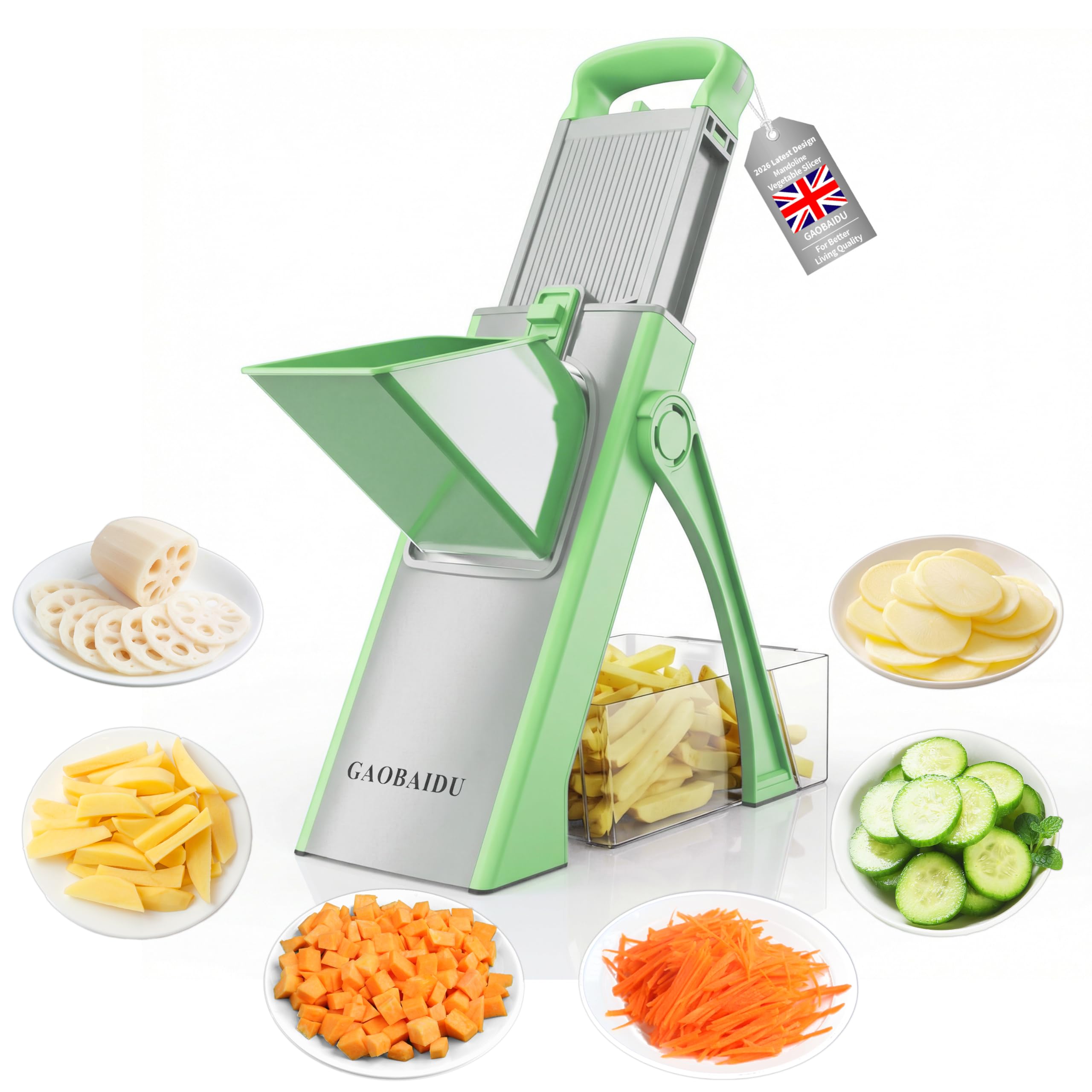 Mandoline Vegetable Slicer Mandolin Multifunction Potato Slicer with 4 Cutting Modes to Slice, Dice, Chop, Julienne, Safe Chip Cutter with Detachable and Easy to Clean (Green Large)