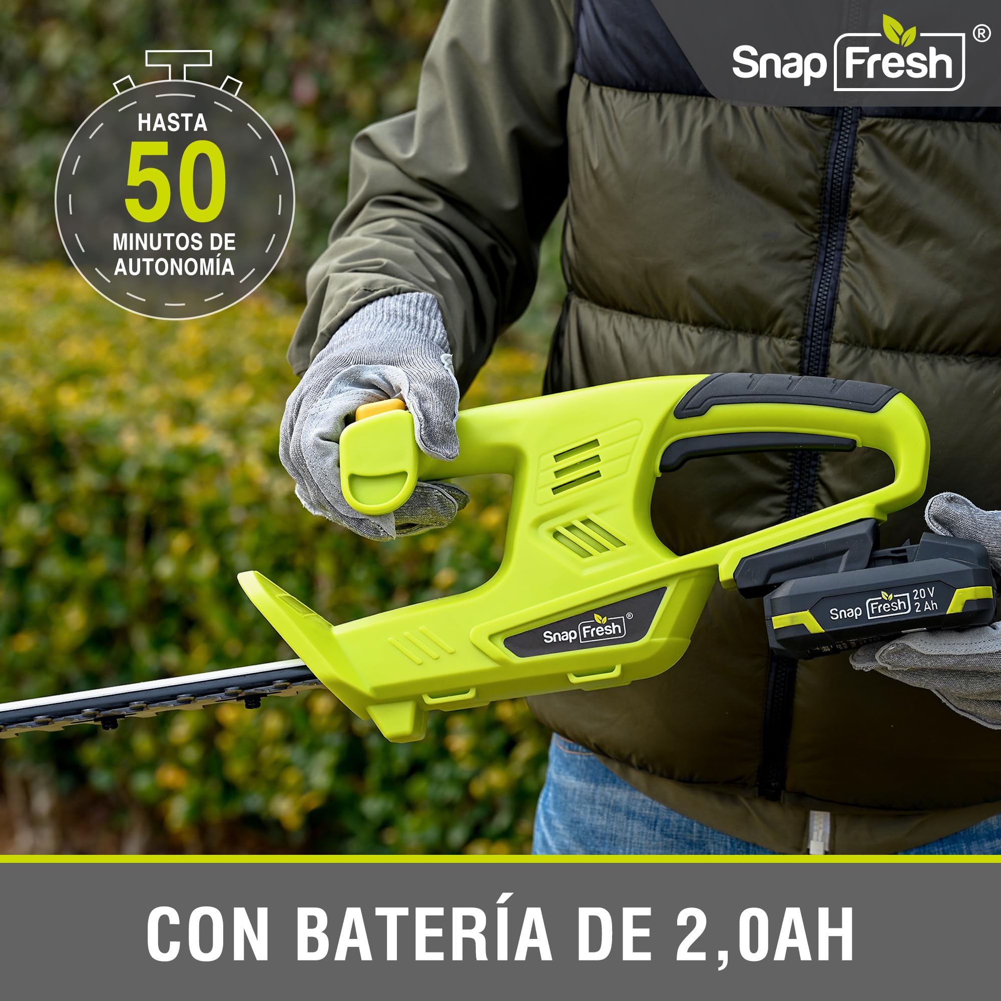 SnapFresh Cortasetos a Batería 20V, Longitud de Corte 45 cm, 2800 SPM, 65Mn, Ligero para Setos y Jardín, Batería 2,0Ah y Cargador Incluidos