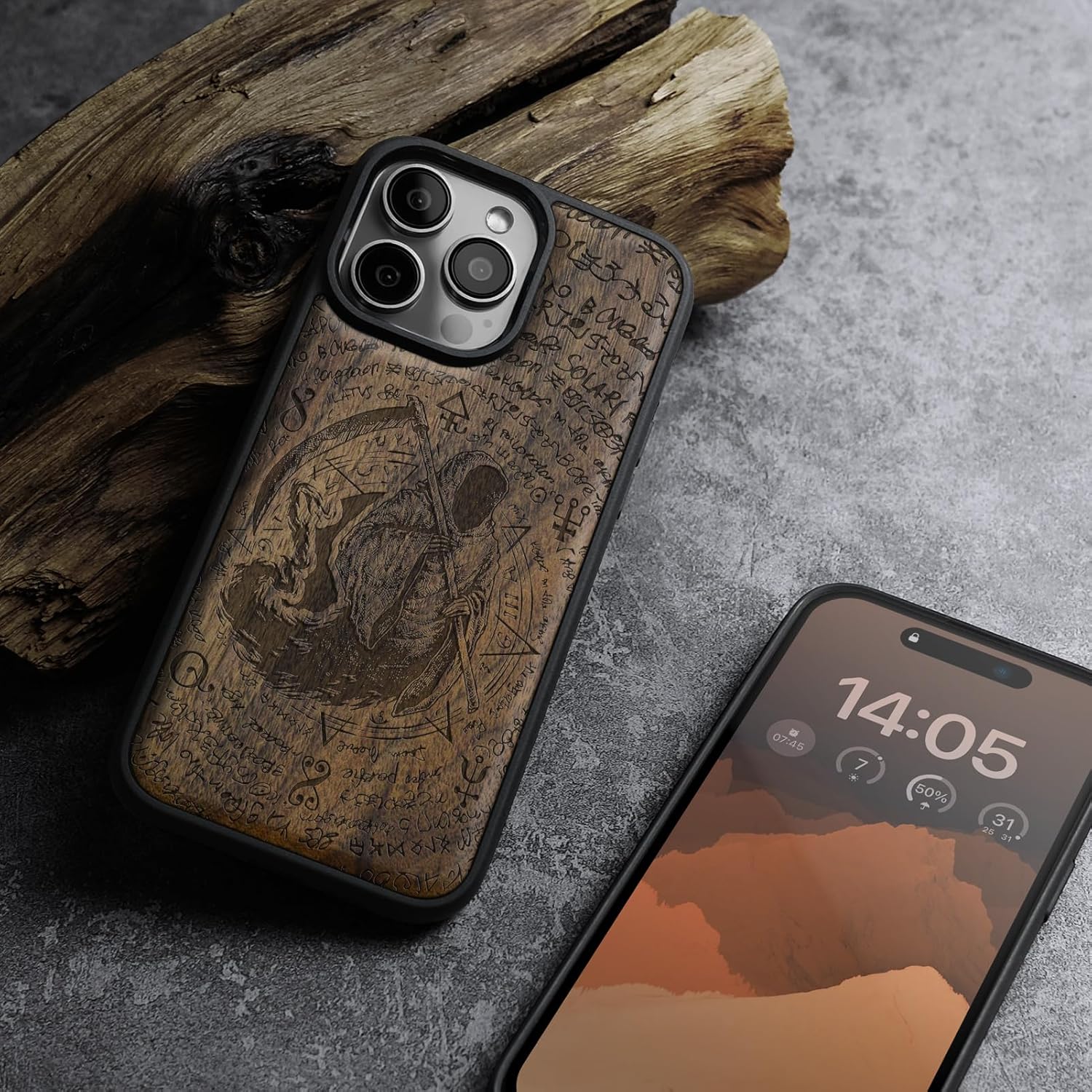 Carveit Magnetic Wooden Case for iPhone 16 Pro Case, Wood Artisan Engraved & Black Soft TPU Shockproof Cover, Compatible with MagSafe Wireless Chargers (The Grim Reaper of Carved) Walnut
