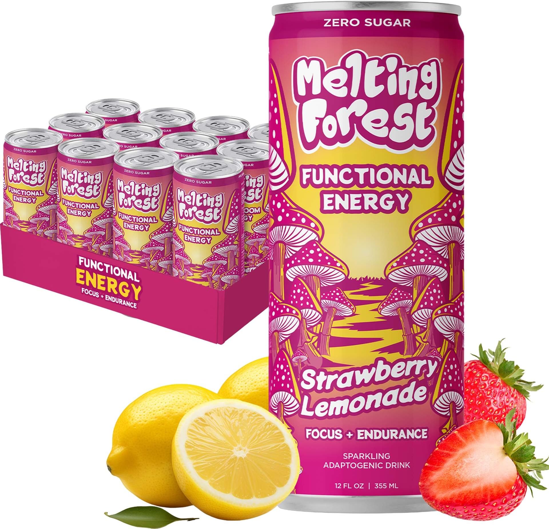 Functional Mushroom Energy Drink - 150mg Caffeine, L-Theanine, Cordyceps & Lion's Mane - Adaptogen Drink for Cognitive Function, Focus & Mental Clarity - Strawberry Lemonade (12 Pack)