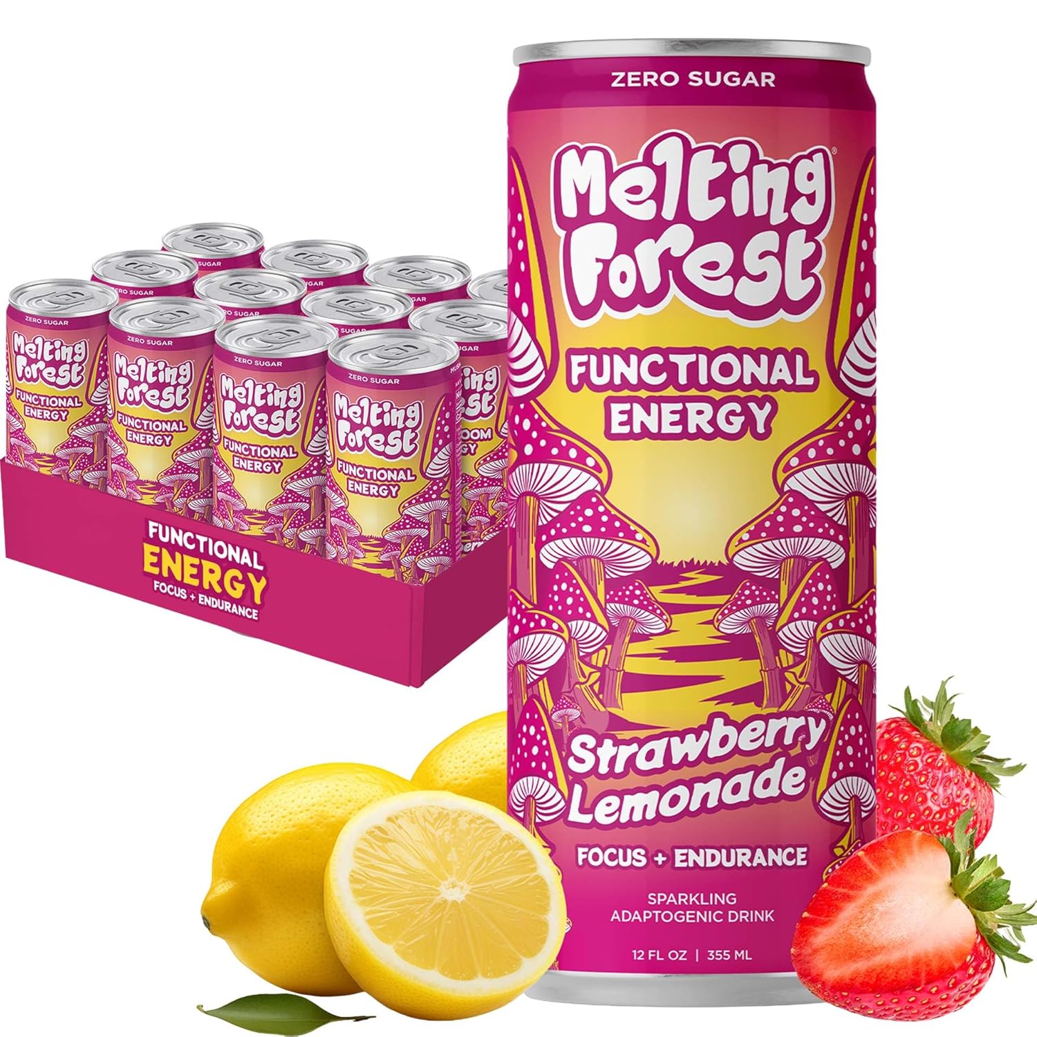 Melting Forest Mushroom Energy Drink, L-Theanine, Cordyceps & Lion's Mane, 150mg of Caffeine, Energy & Focus, Cognitive Function & Mental Clarity, Strawberry Lemonade (12 Pack)