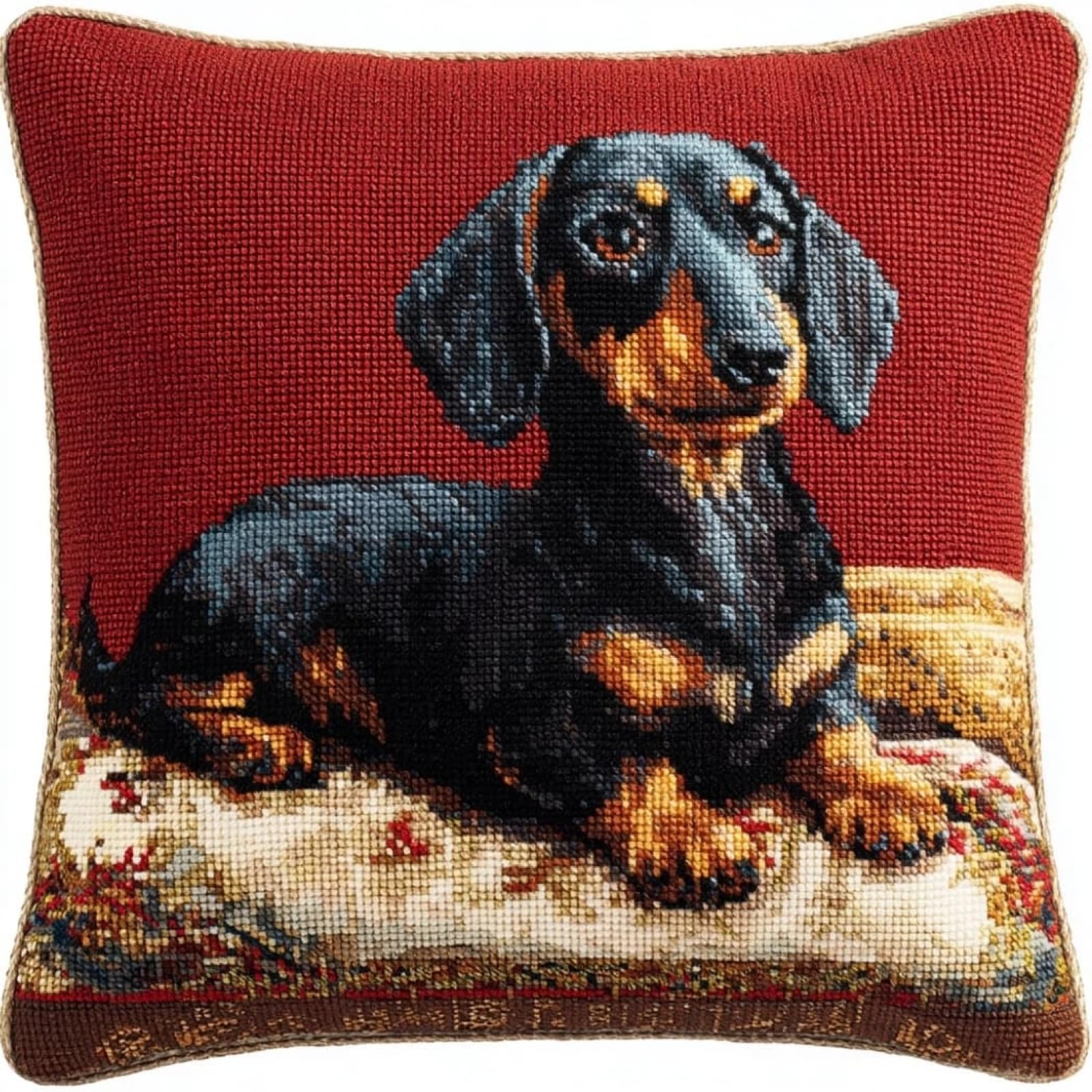WallustrioaW 11CT Cross Stitch Pillow Kit,Dachshund Cushion Embroidery Kit Cross Stitch Cushion Cover pre Printed Handmade Cover 18x18in