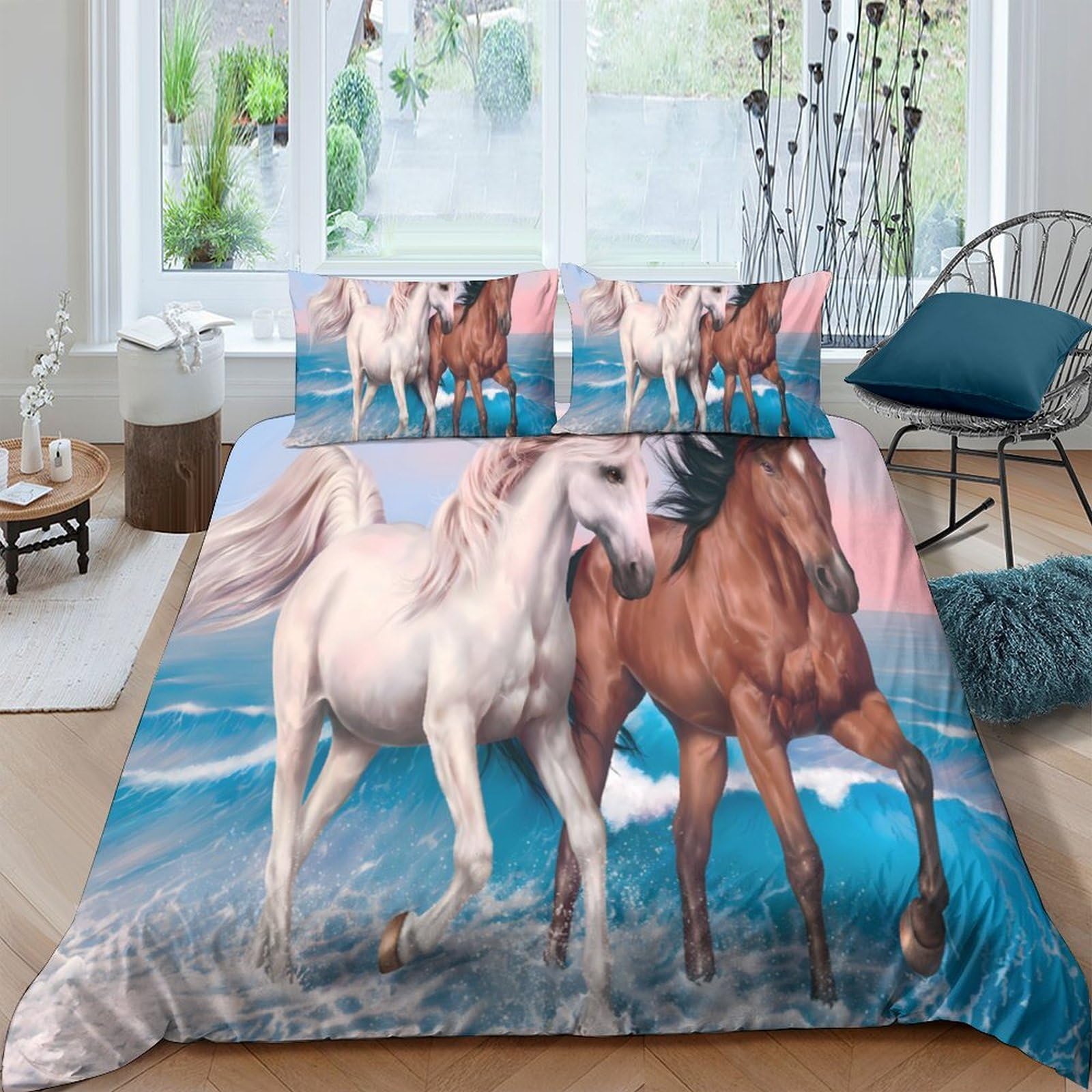 Ctjqhvkz Style-8 3D Printed Galloping Horse Fitted Sheet Microfiber Non-Slip Bed Cover For Bedroom Decor Machine Washable Single（135X200cm）
