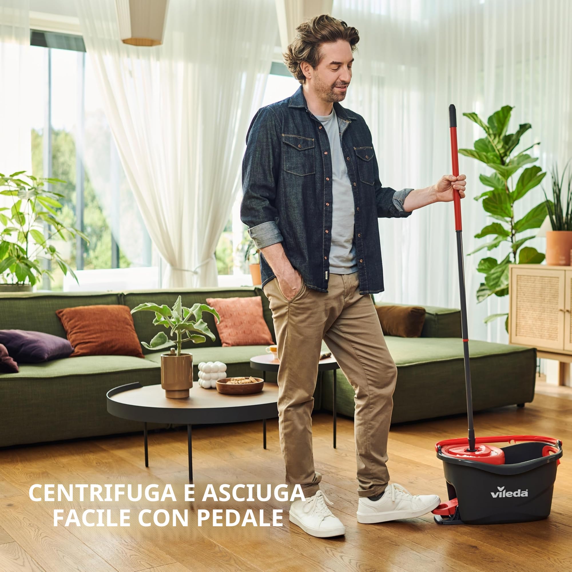 Vileda Turbo Sistema lavapavimenti rotante con secchio e pedale |Manico telescopico 55–130 cm |Lavapavimenti con strizzatura a centrifuga| Fiocco Microfibra 2in1| Lavapavimenti rotante e secchio